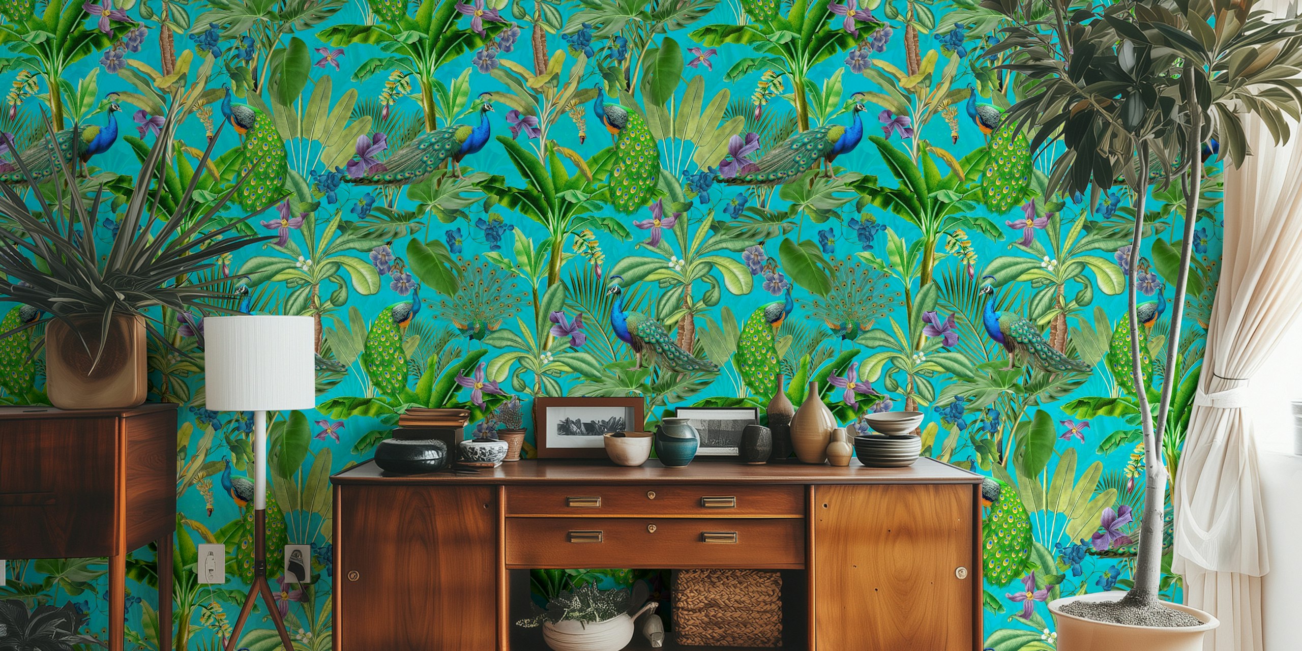 Design de papier peint tropical Rainforest Vintage Peacock