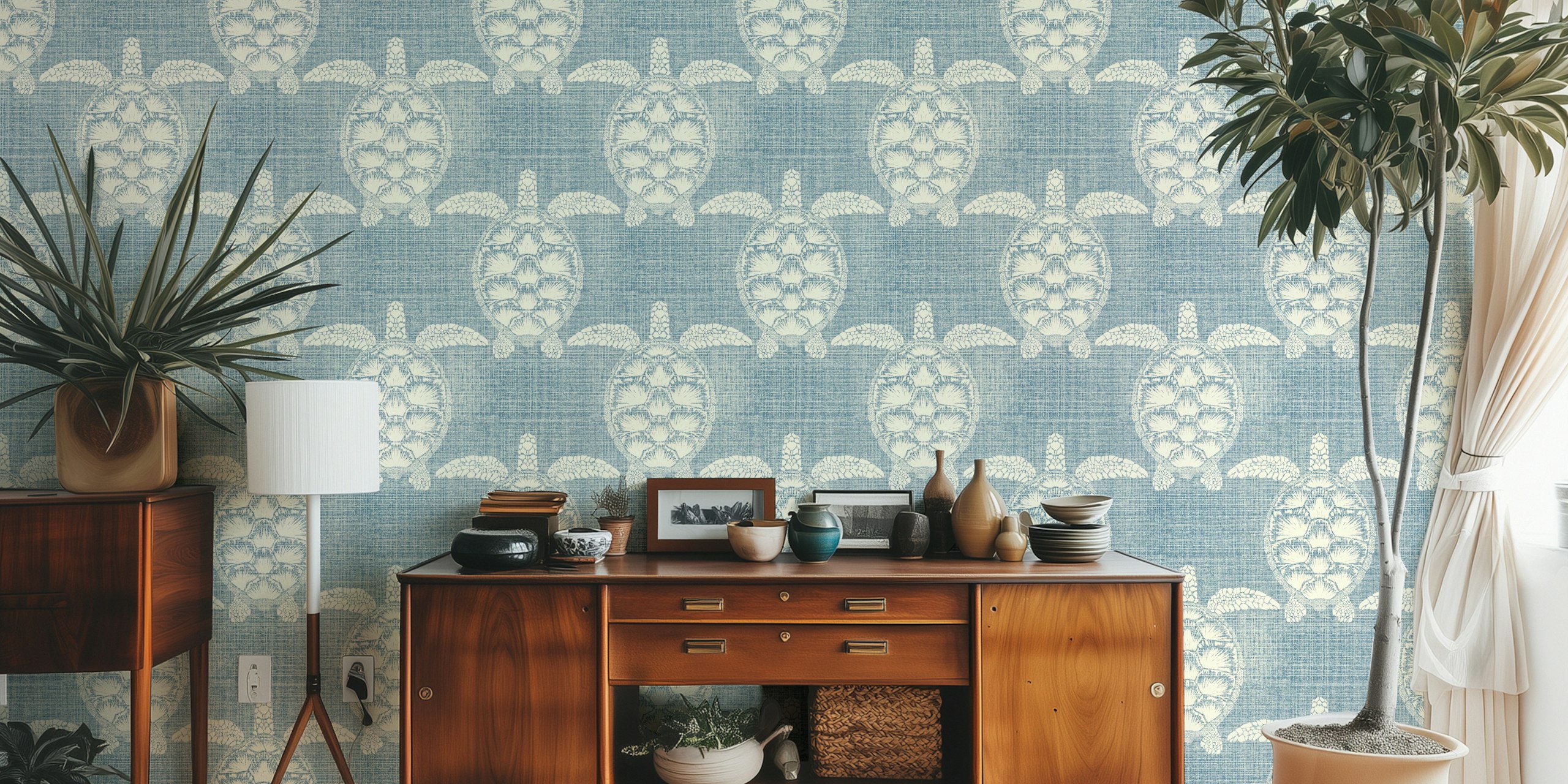 Denim blue sea turtle wallpaper in a room