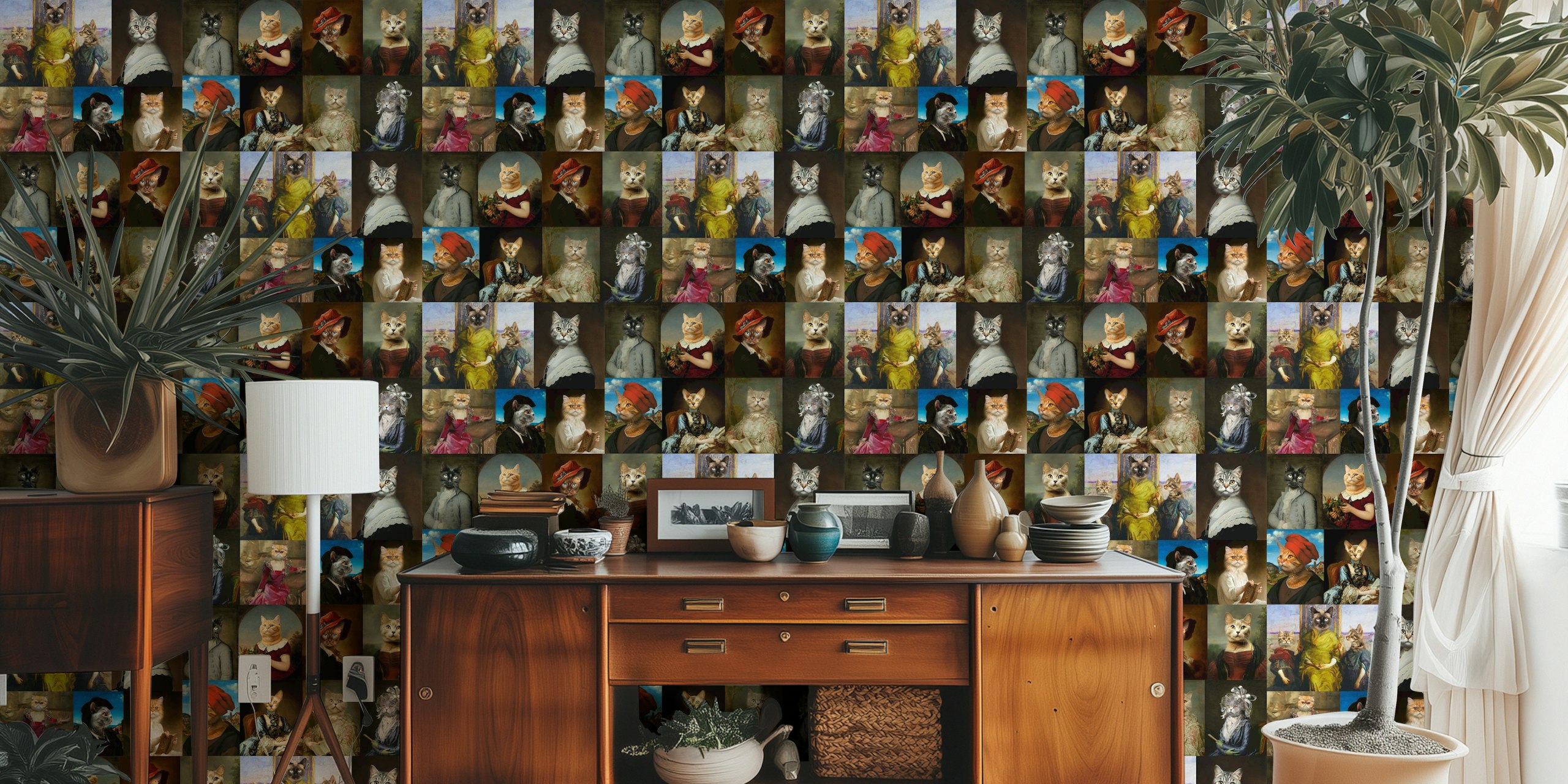 Whimsical portraits of cats in historical dress wallpaper