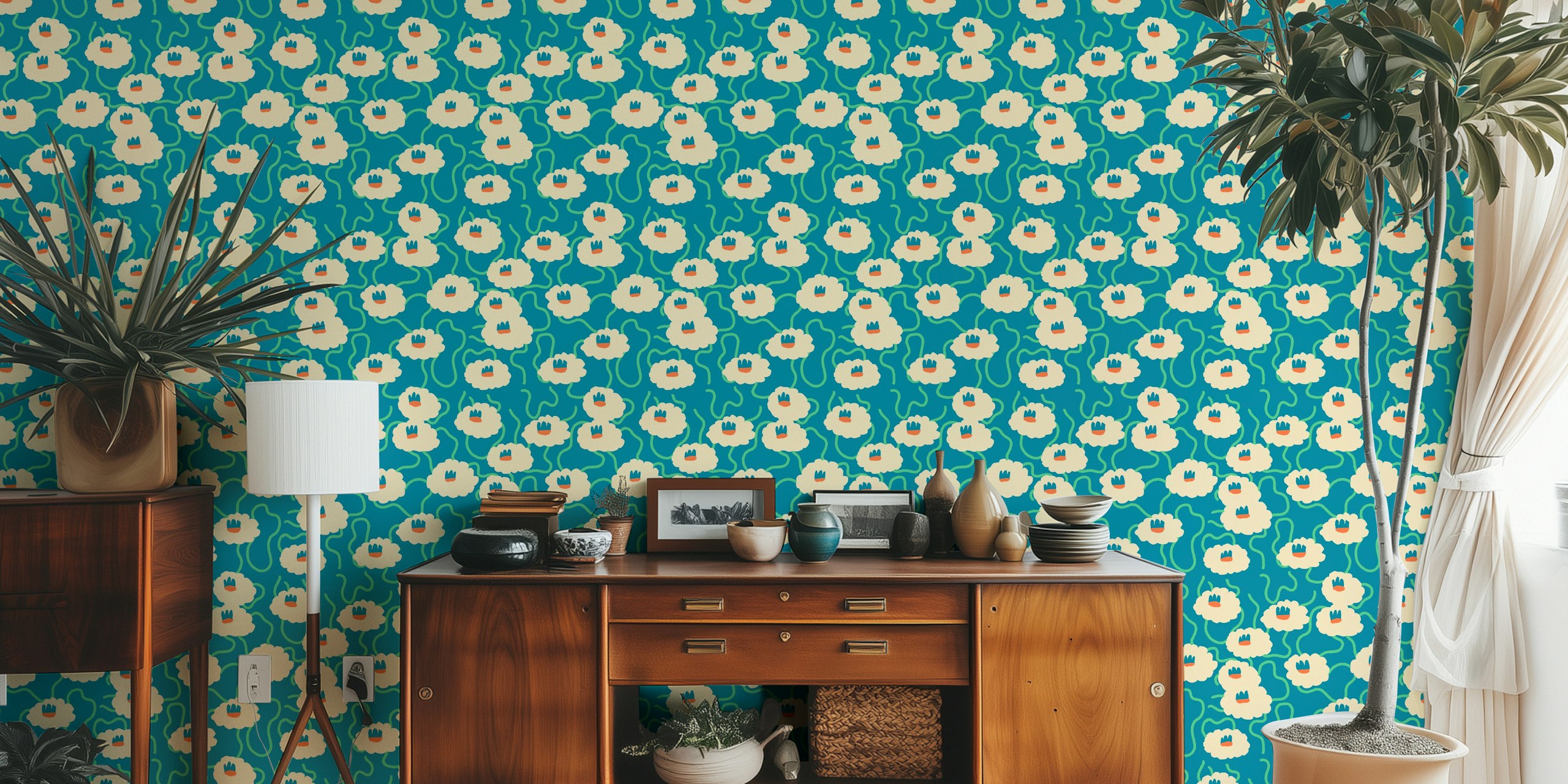 Groovy Garden green-blue wallpaper in a room