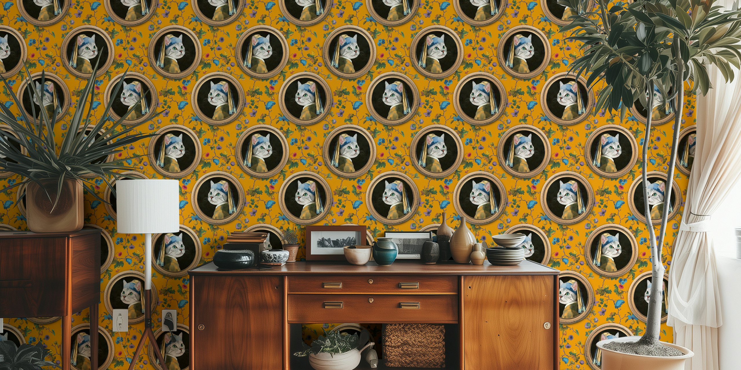 Cat portrait with flowers on yellow background wallpaper