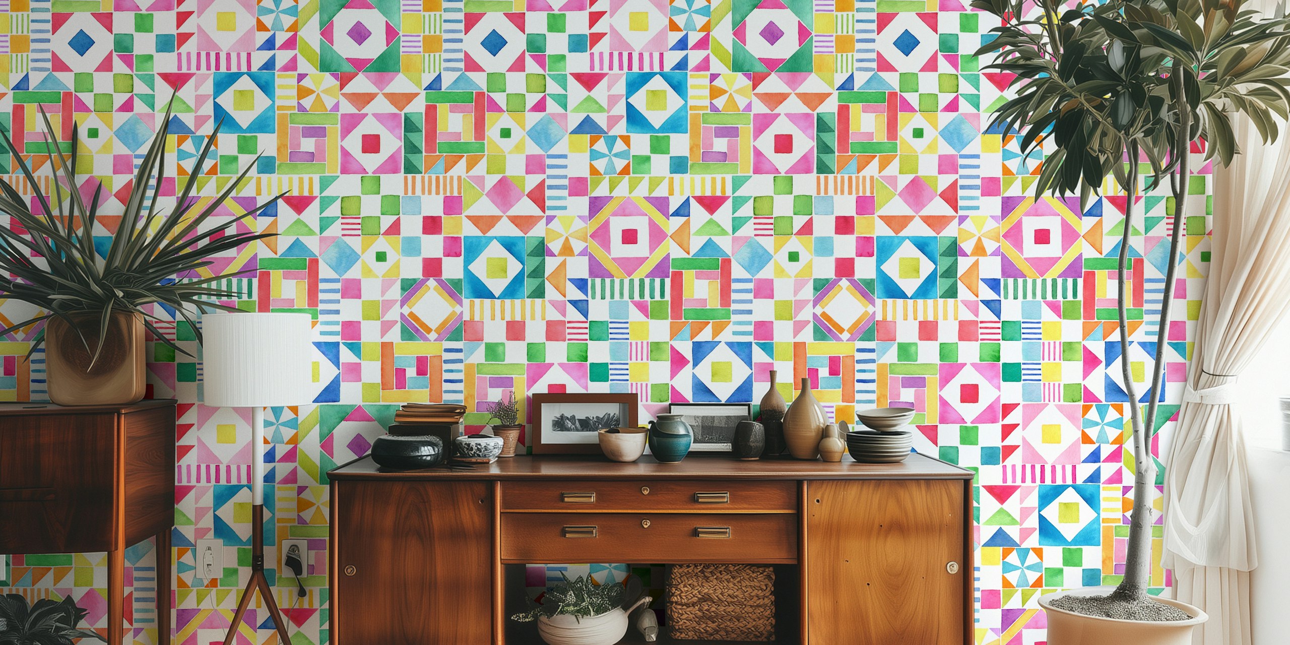 Fargerik Joyful Geometric Patchwork-tapet i et rom