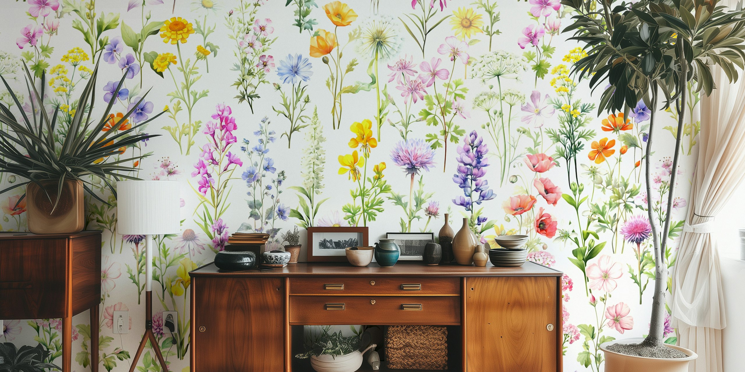 Colorful wildflowers on ivory background wallpaper