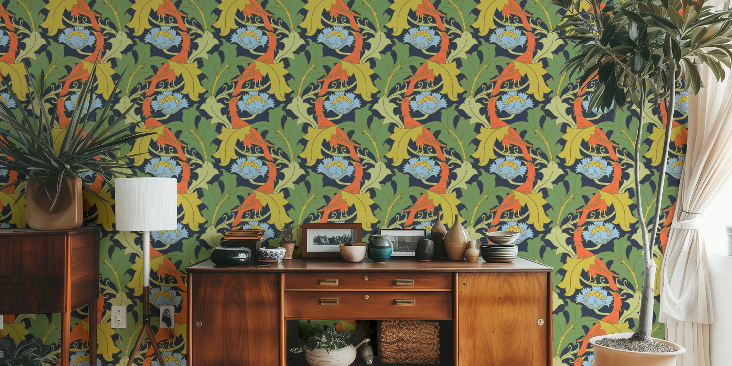 Colorful vintage birds and floral patterns on dark background wallpaper