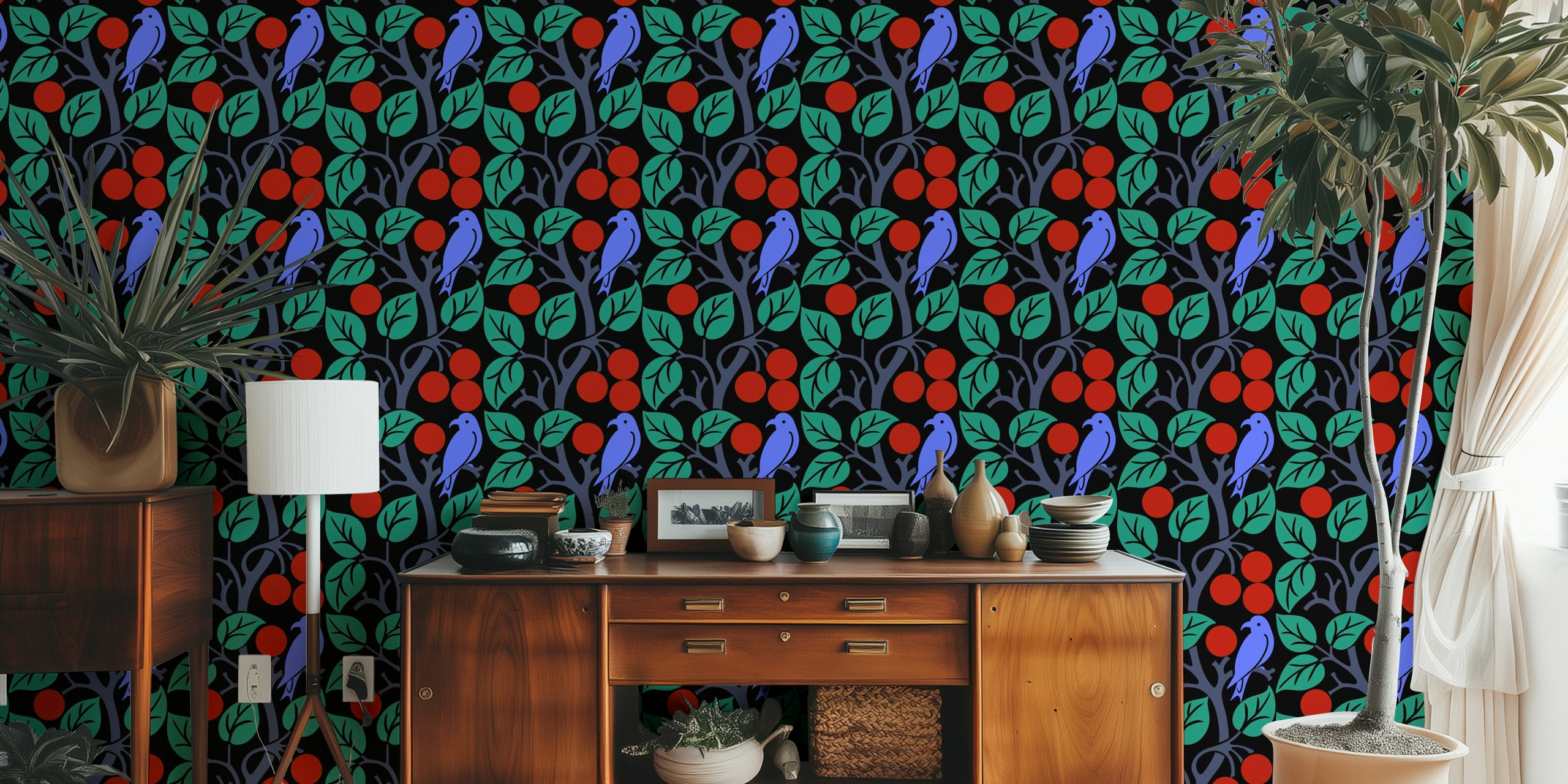 Vintage branches with red berries wallpaper in a room