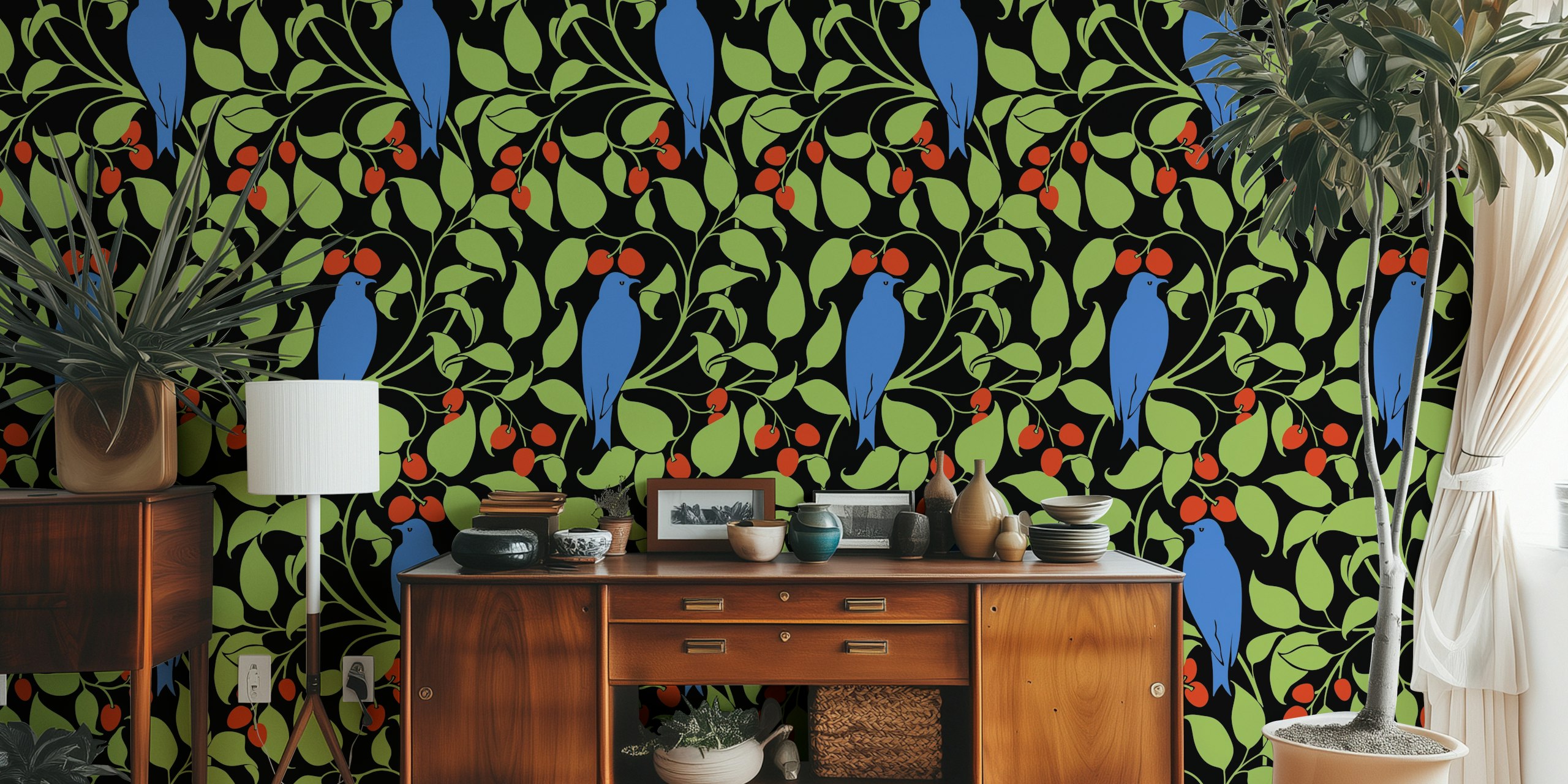 Vintage birds i grane trešanja tapeta