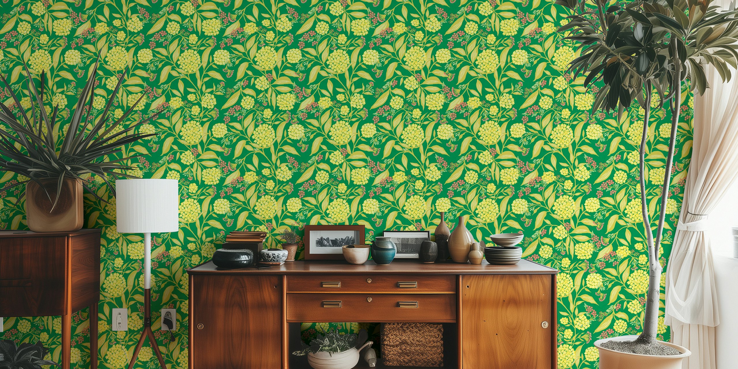 Floral design with yellow blooms and green leaves wallpaper