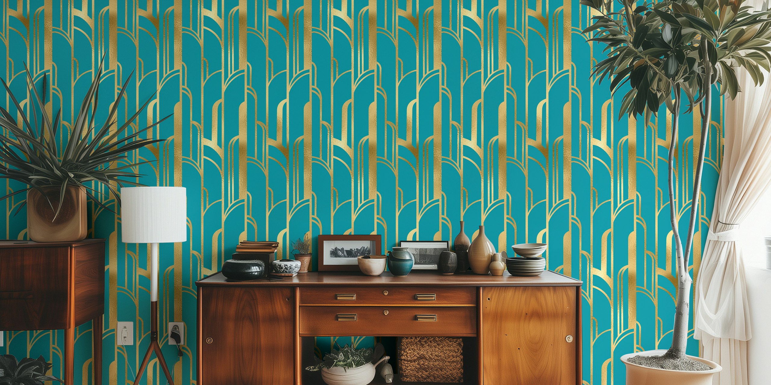 Art Deco gold and teal wallpaper design