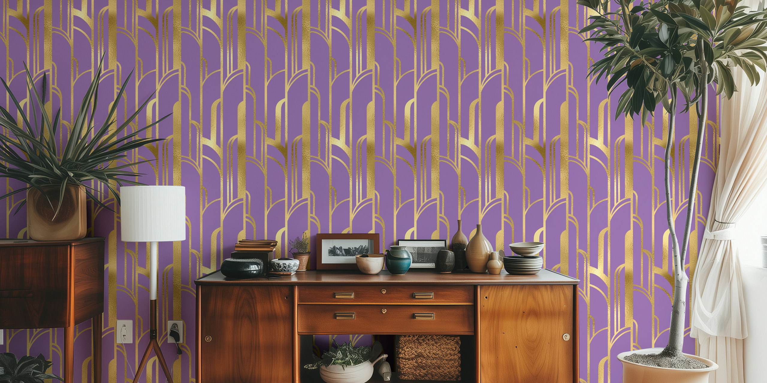 Art Deco design with gold geometric shapes on purple wallpaper