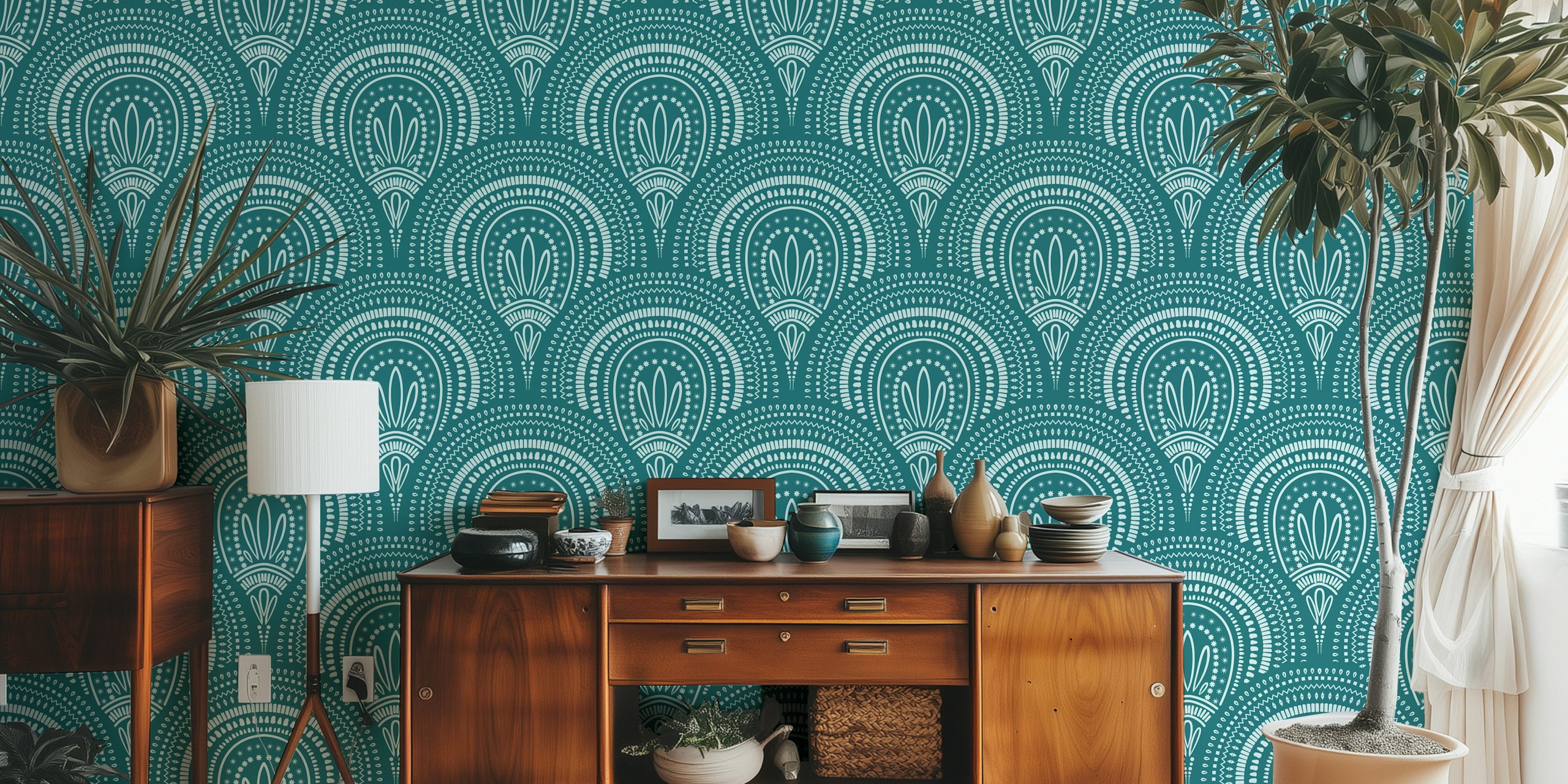 Ornamental scallop mønster tapet i teal farve til elegant rumindretning