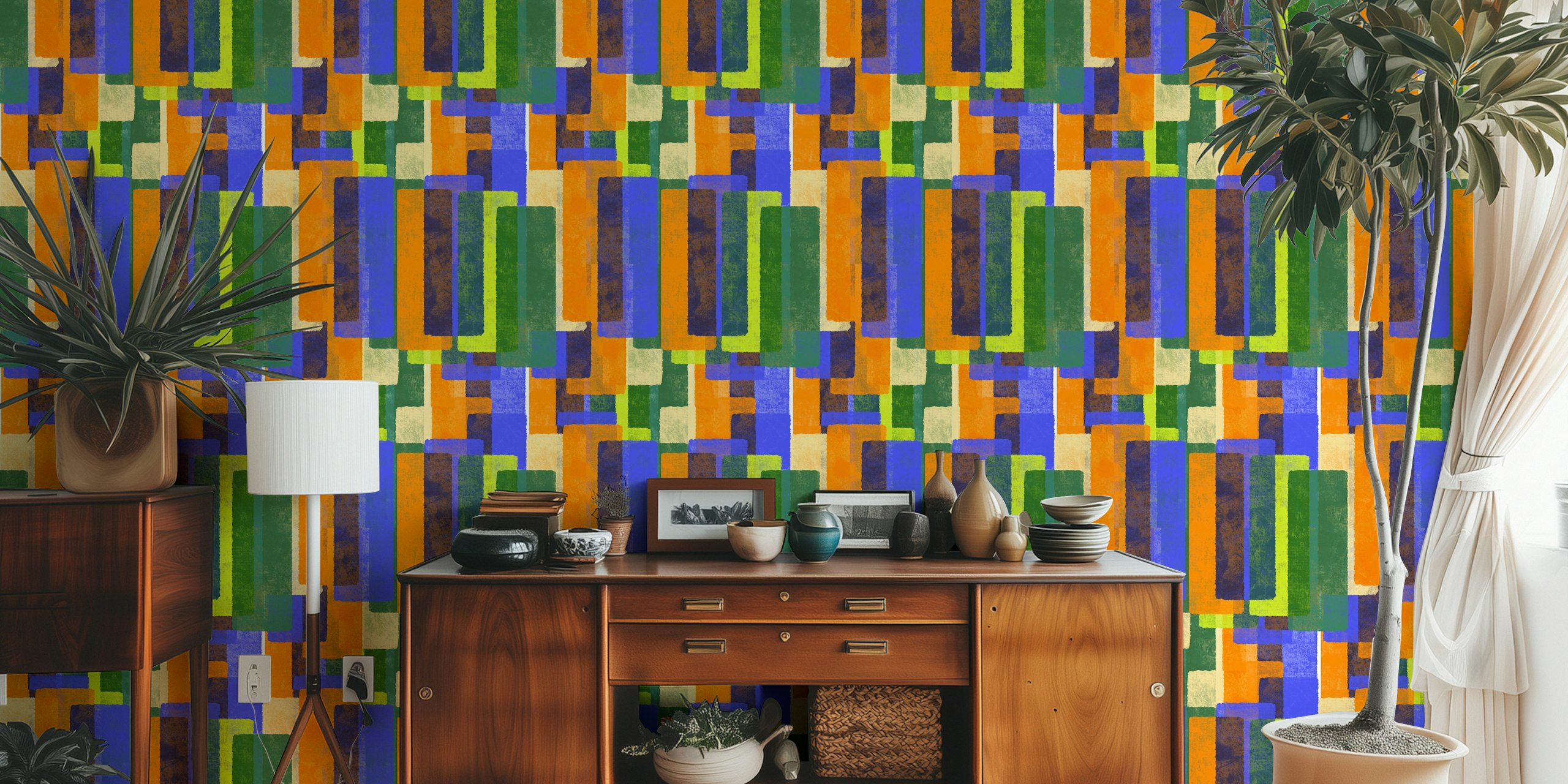Carta da parati Mid Century Color Blocks Kaleidoscope Green in una stanza