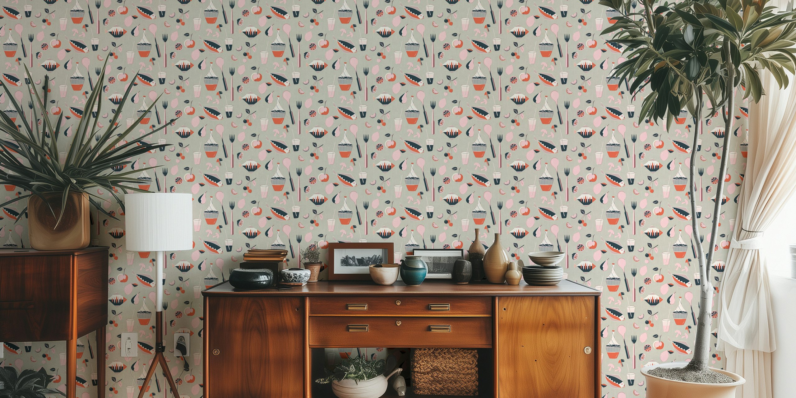 Mid century picnic wallpaper design in room