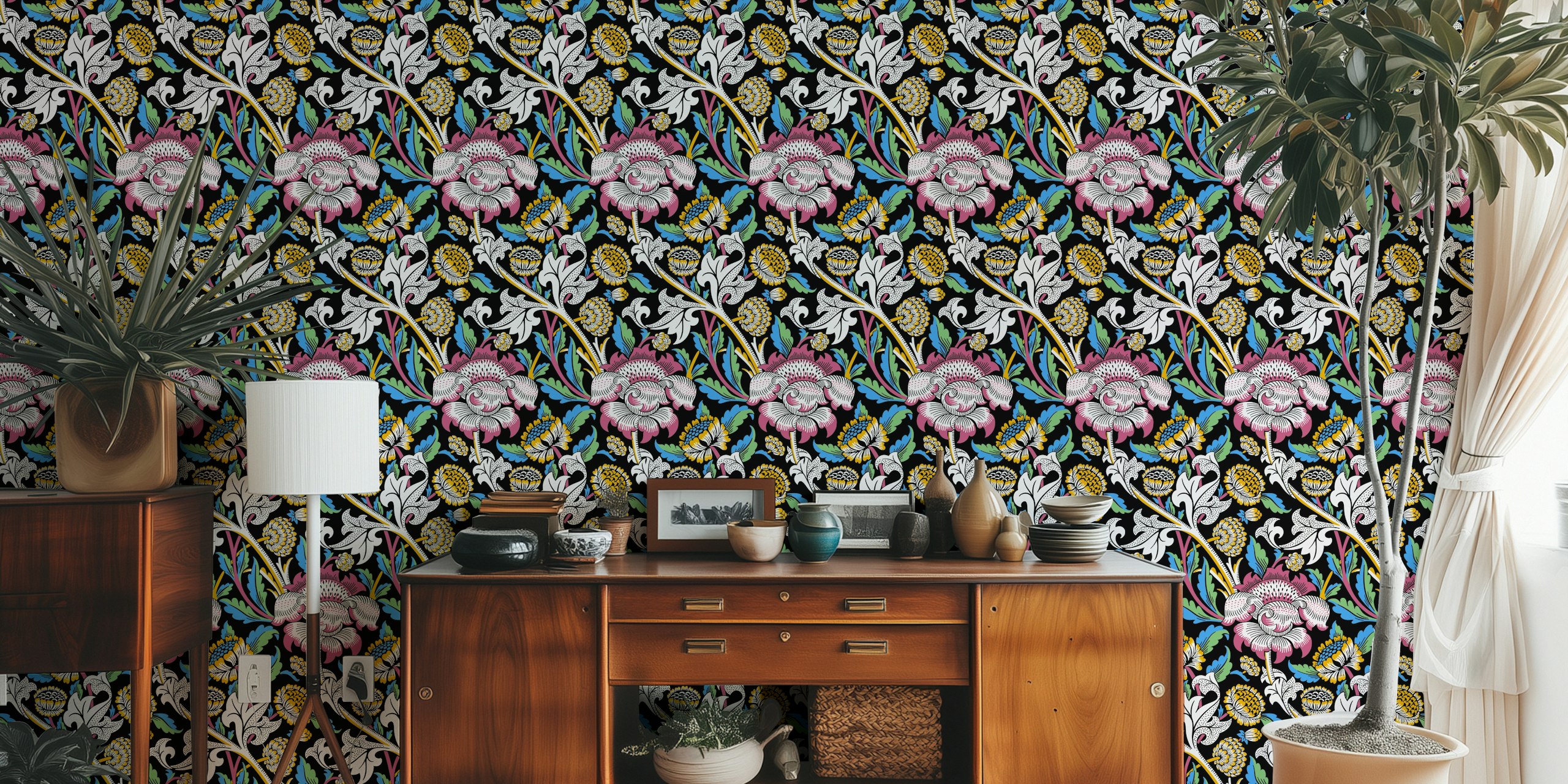 Colorful floral pattern on a black background wallpaper