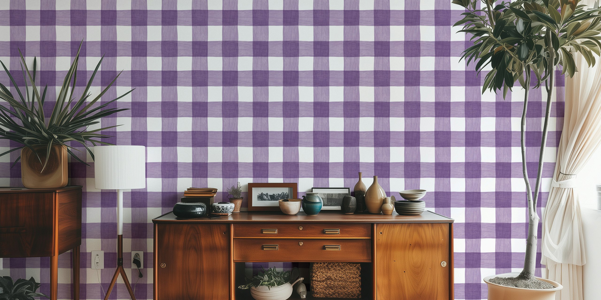 Hand Painted Gingham in Purple Lavender tapet i et rum