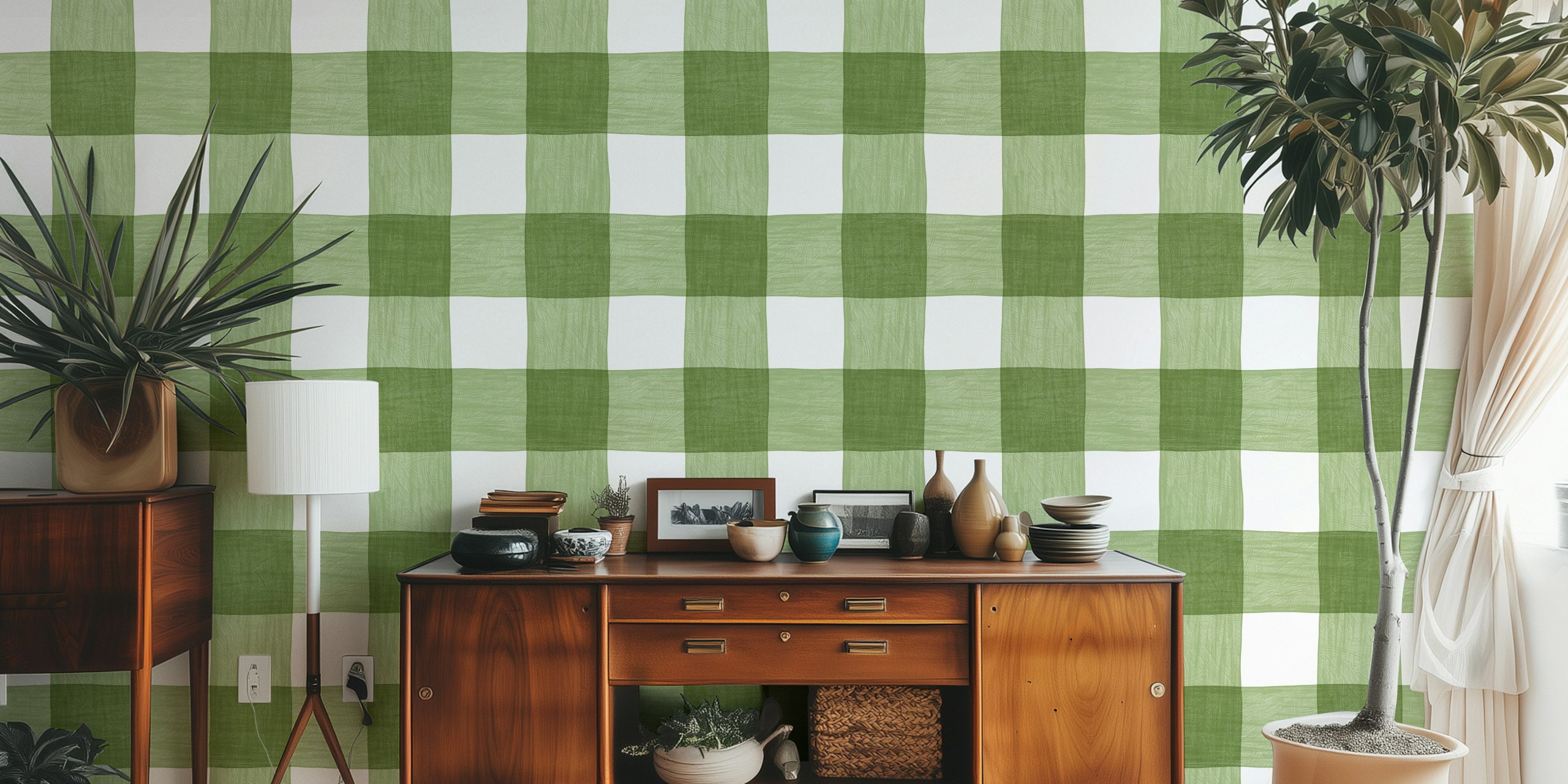 Hand Painted Gingham in Sage Green Checker tapeta u sobi