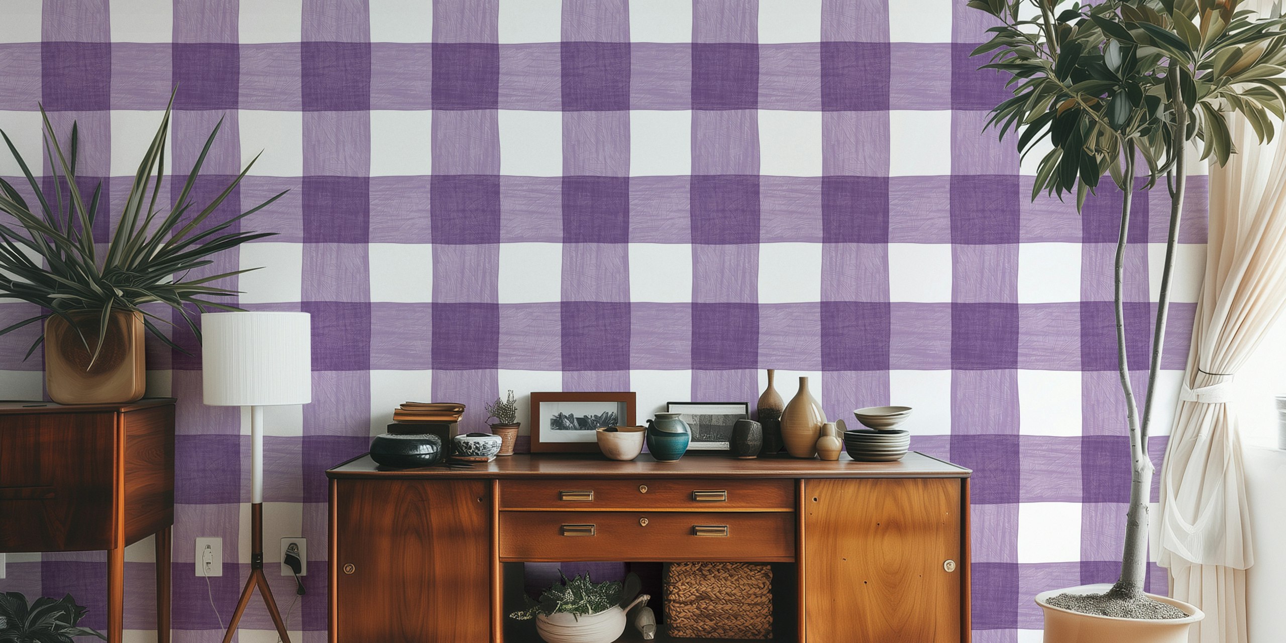 Hand Painted Gingham in Purple Checkerboard v místnosti