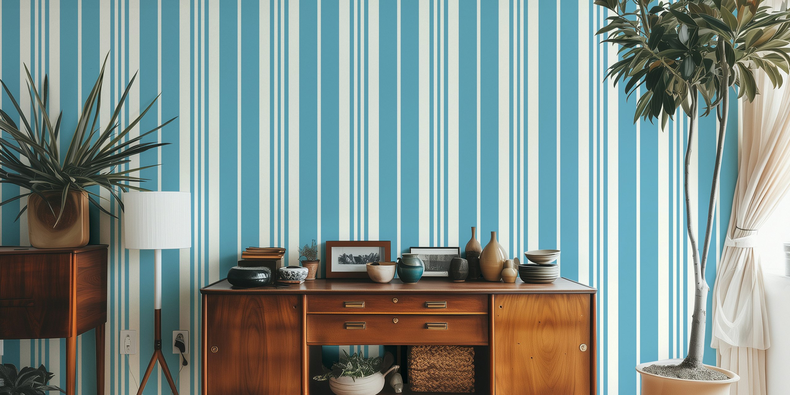 Classic vintage blue stripes wallpaper in a room