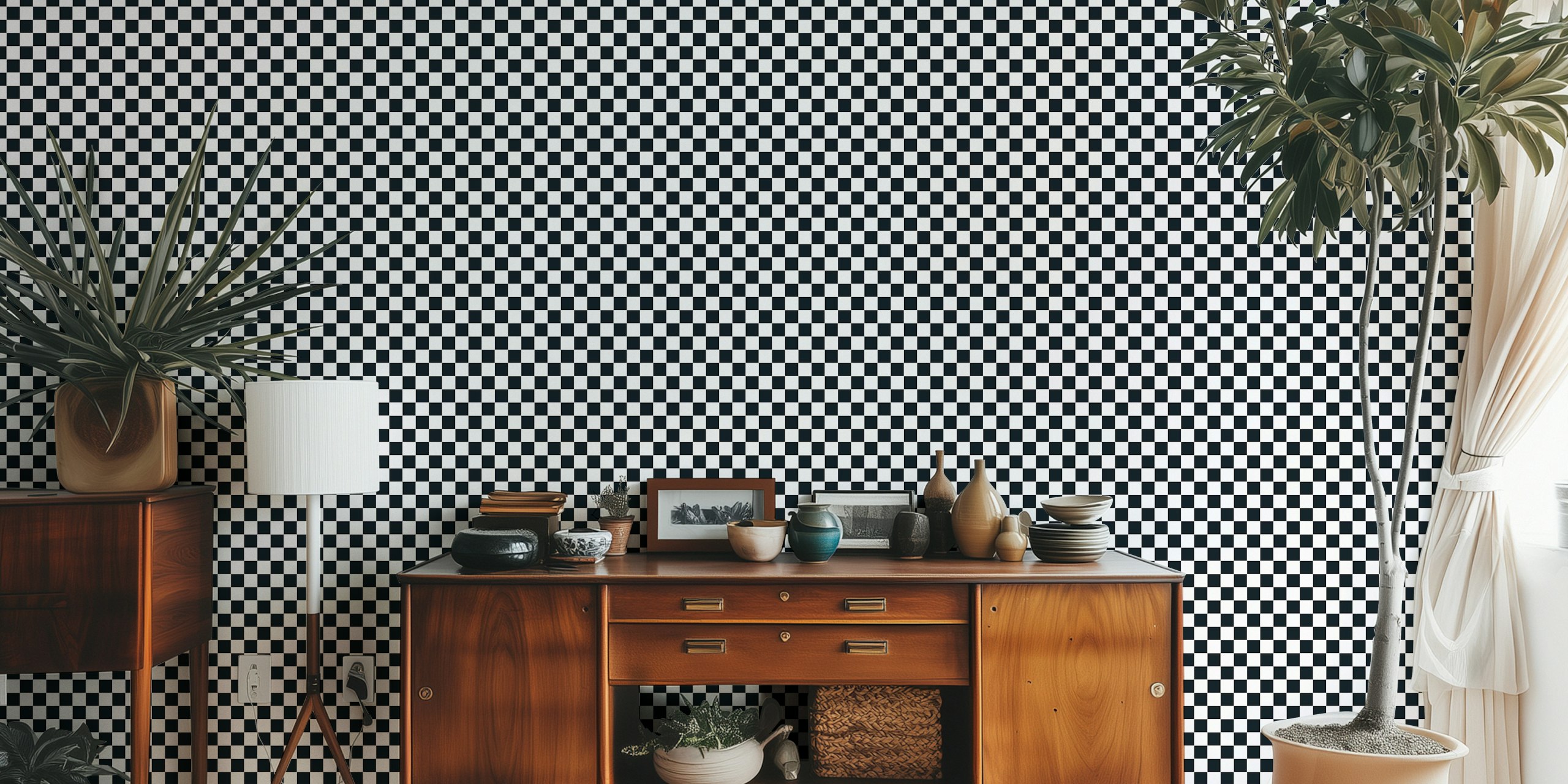 Classic check plaid medium – black and white papel tapiz en una habitación