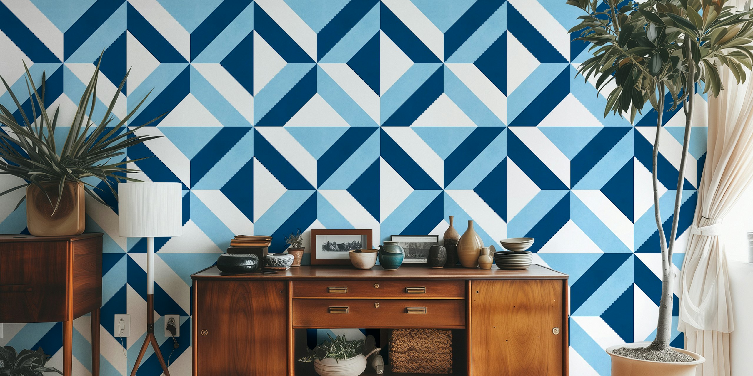 Blue geometric pattern in shades of navy and light blue wallpaper