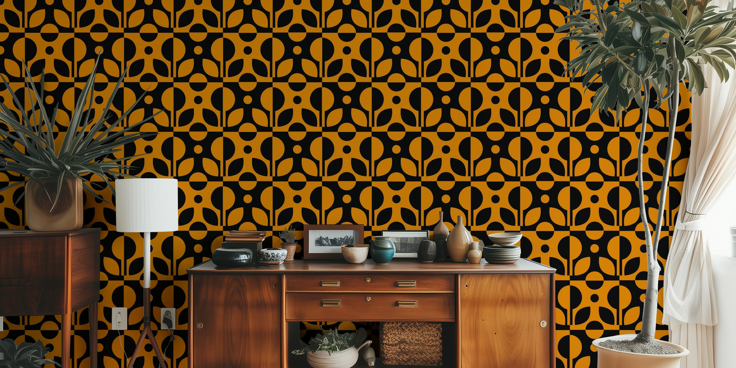 Checkered floral pattern golden black wallpaper