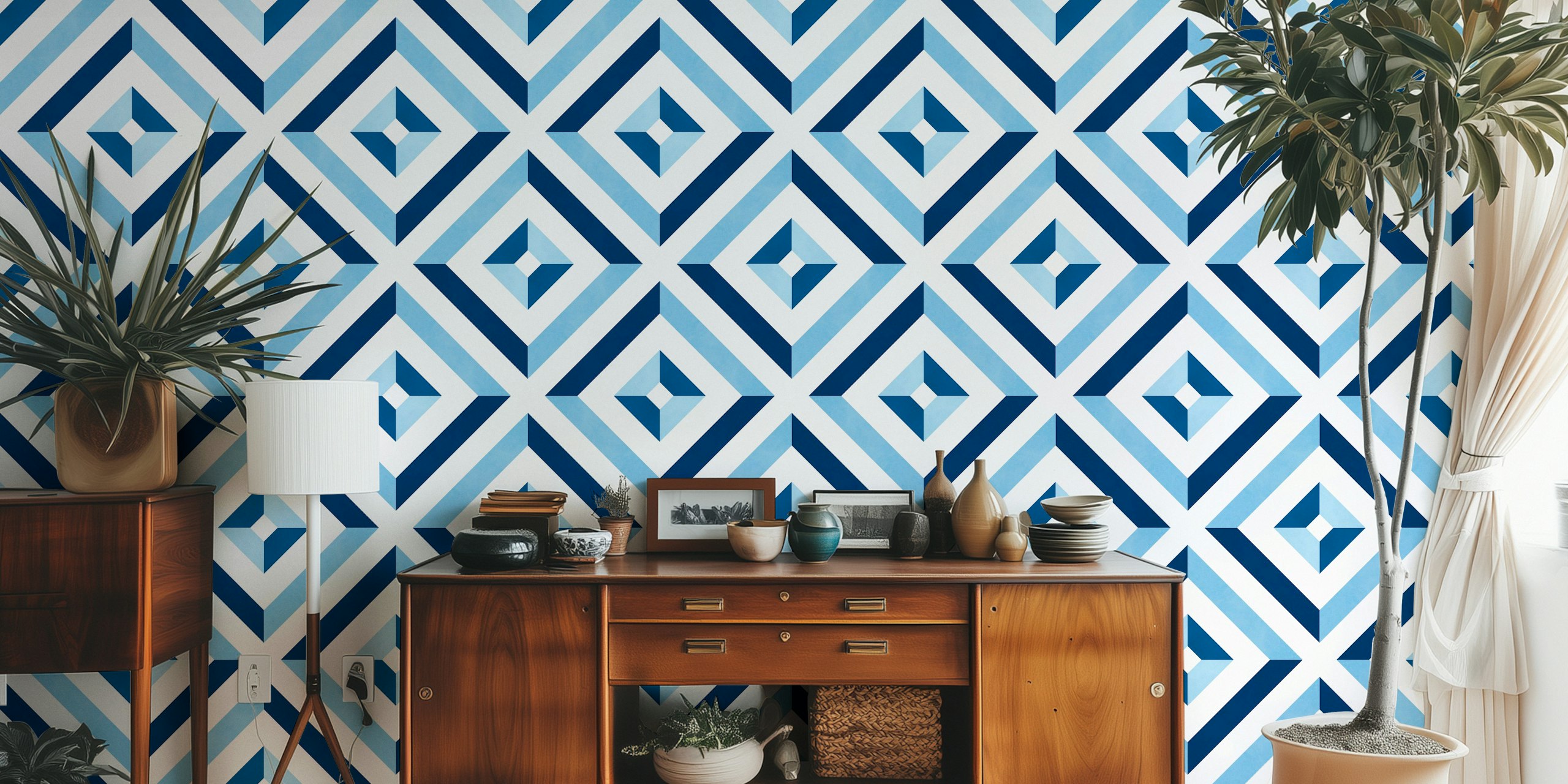 Blue geometric pattern wallpaper in a room