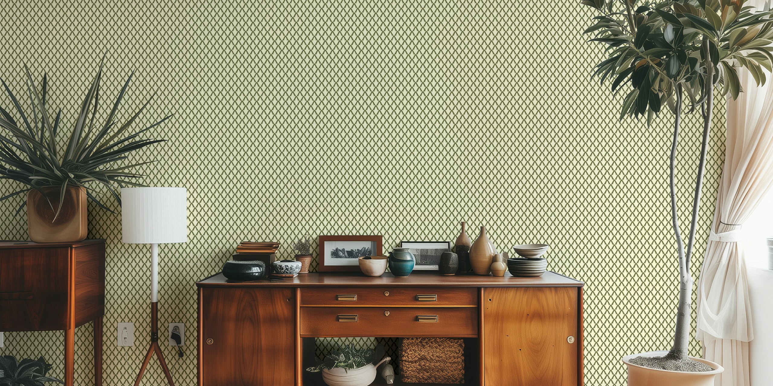 Geometric diamond leaf pattern in green and cream wallpaper