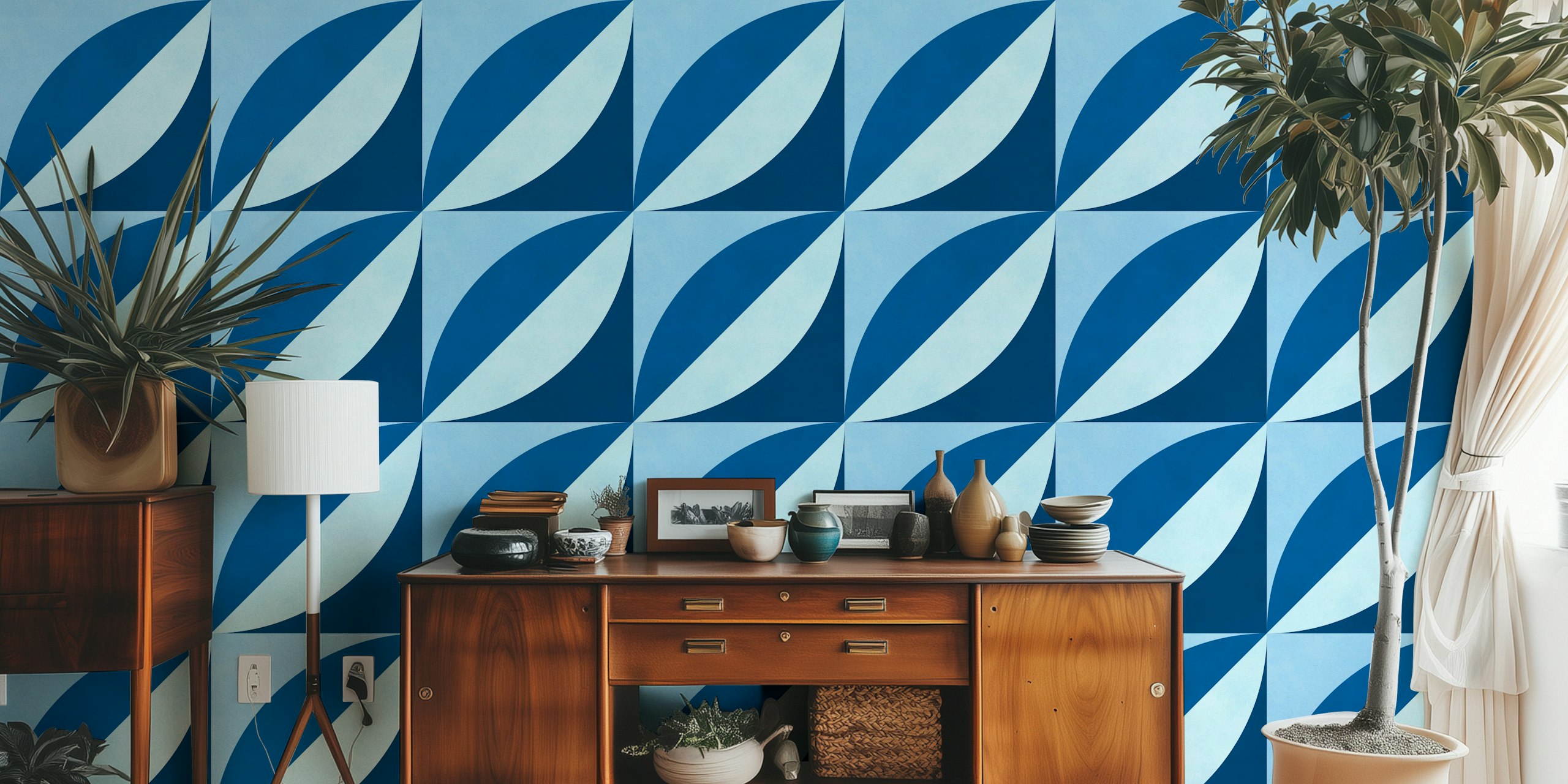 Blue geometric pattern wallpaper in a room