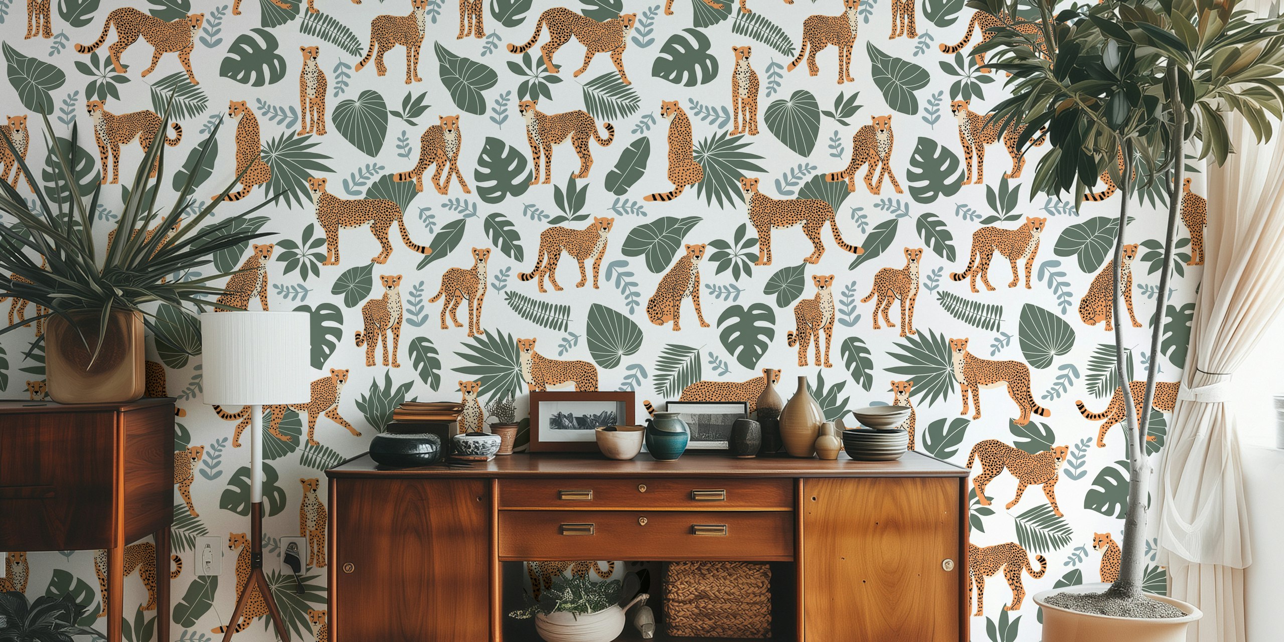 Cheetah and tropical leaves pattern wallpaper with green and beige colors