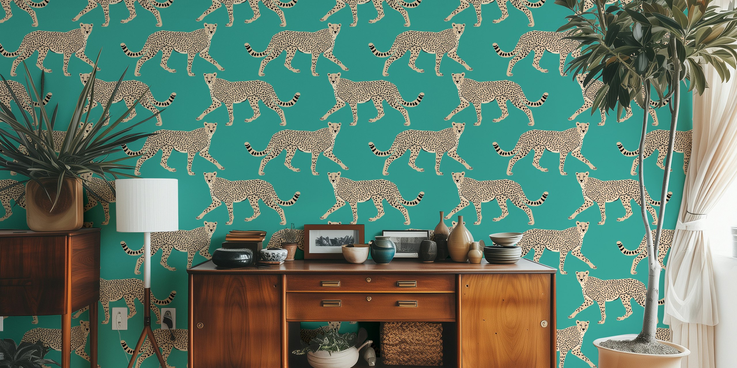 Cheetah animal pattern on teal background wallpaper