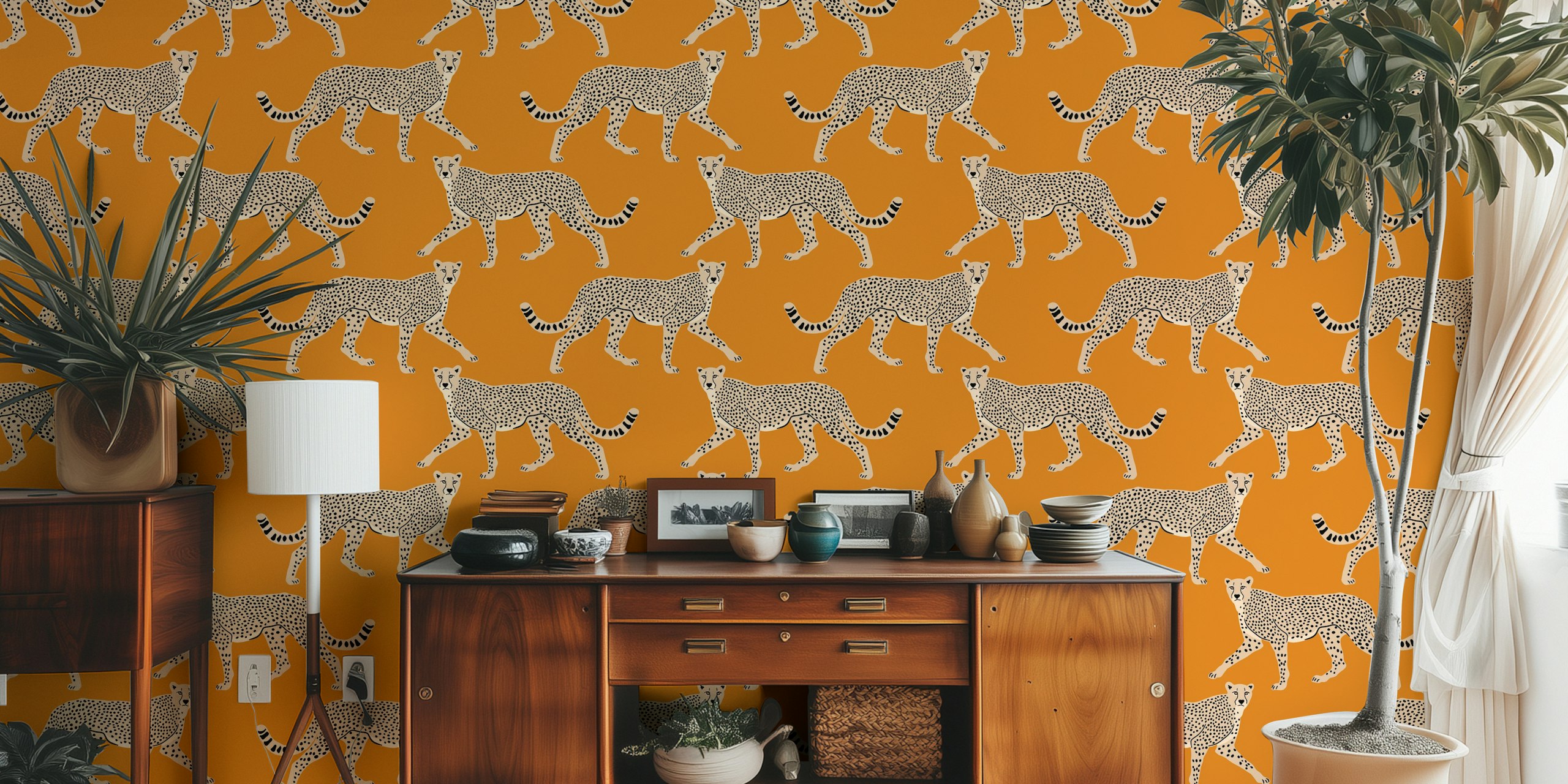 Cheetah pattern on ochre background wall mural wallpaper