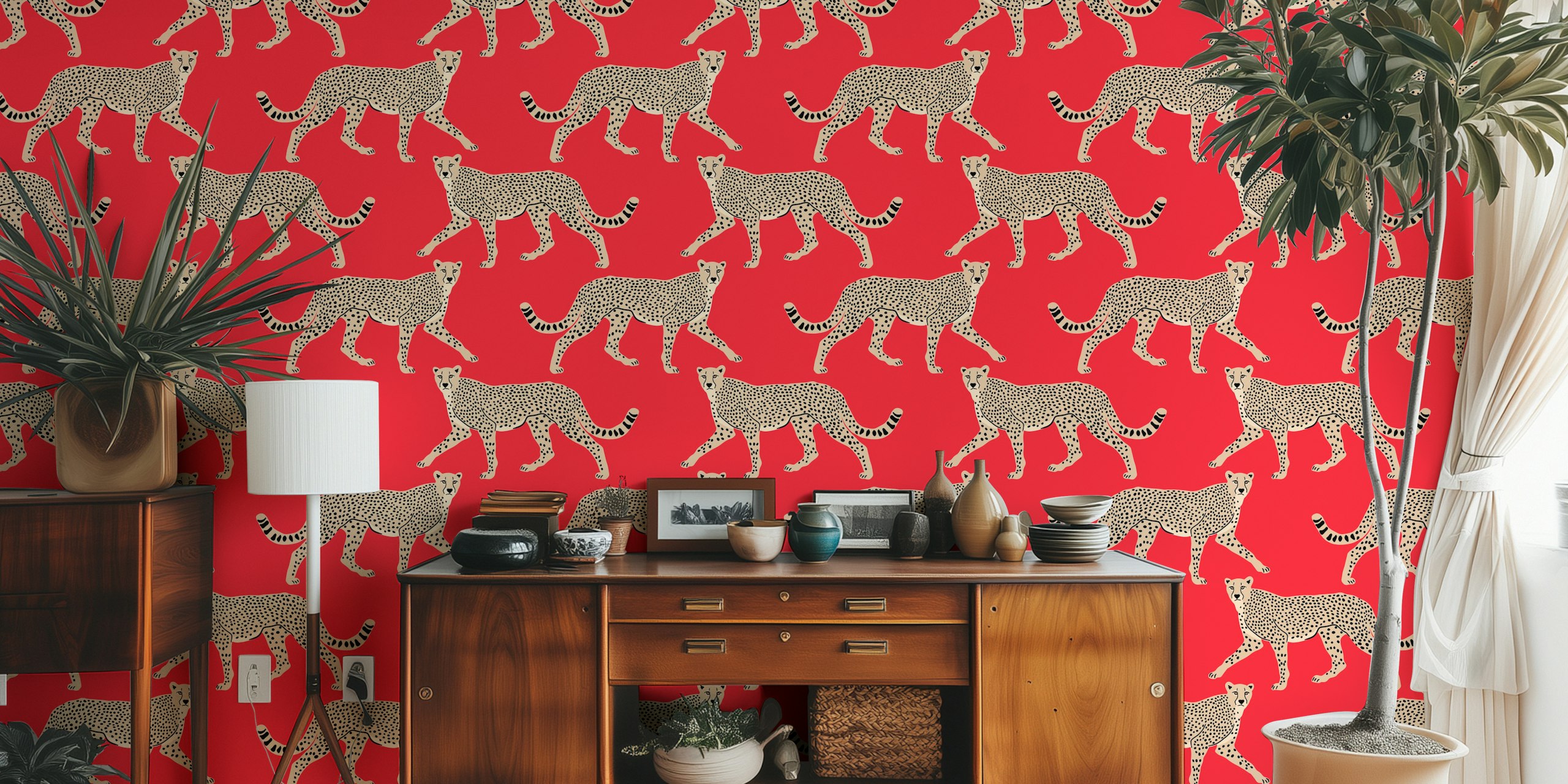Cheetah illustrations on vibrant red background wallpaper
