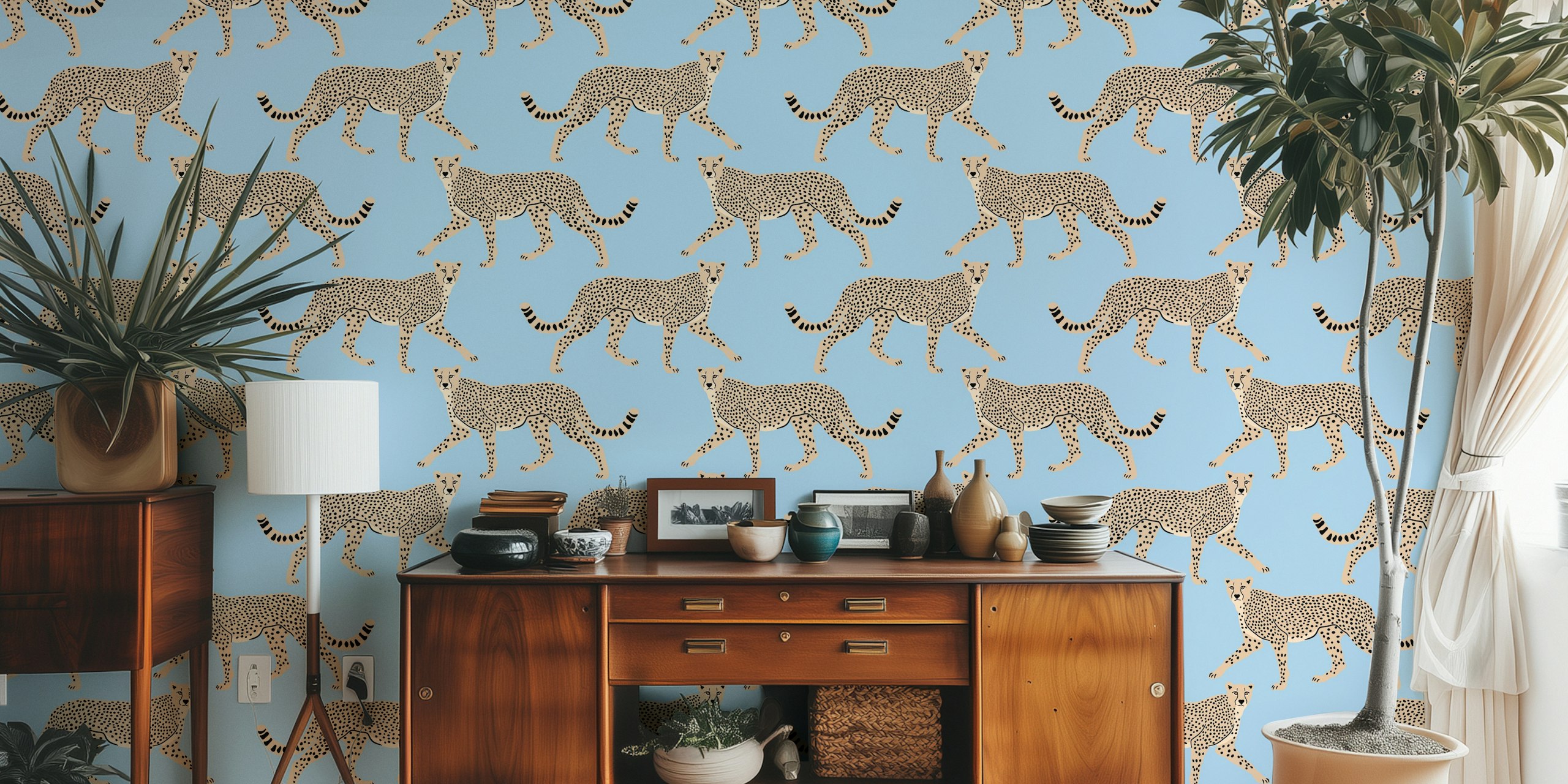 Walking cheetahs on dark steel blue background wallpaper