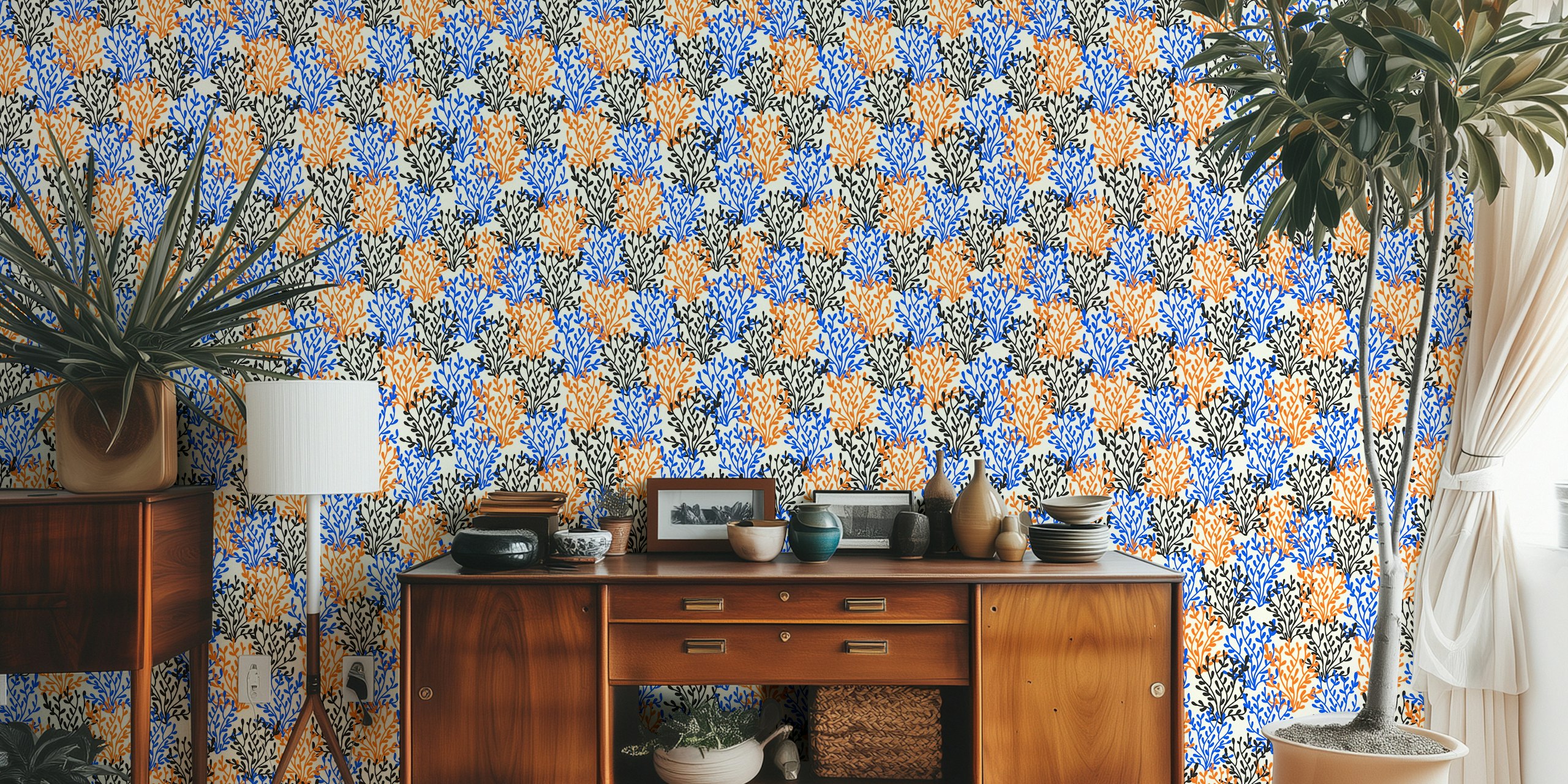 Colorful floral pattern in blue, orange, and black on cream background wallpaper