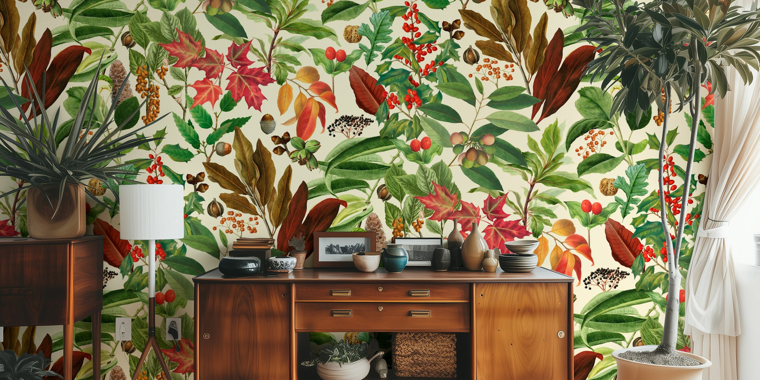 Colorful autumn leaves and botanical patterns wallpaper
