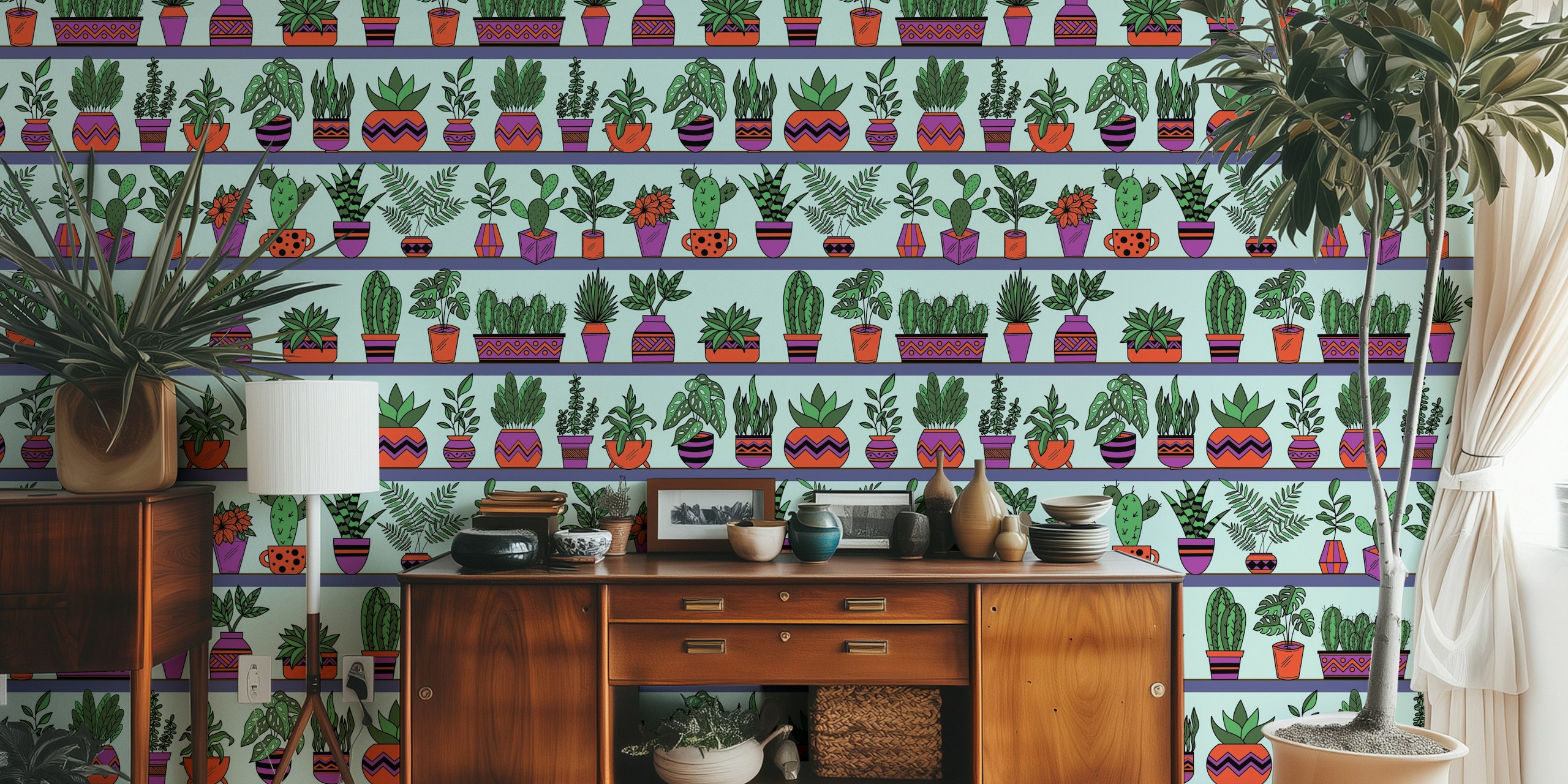 Kleurige wandbekleding met verschillende planten op planken met Vase Plants 3