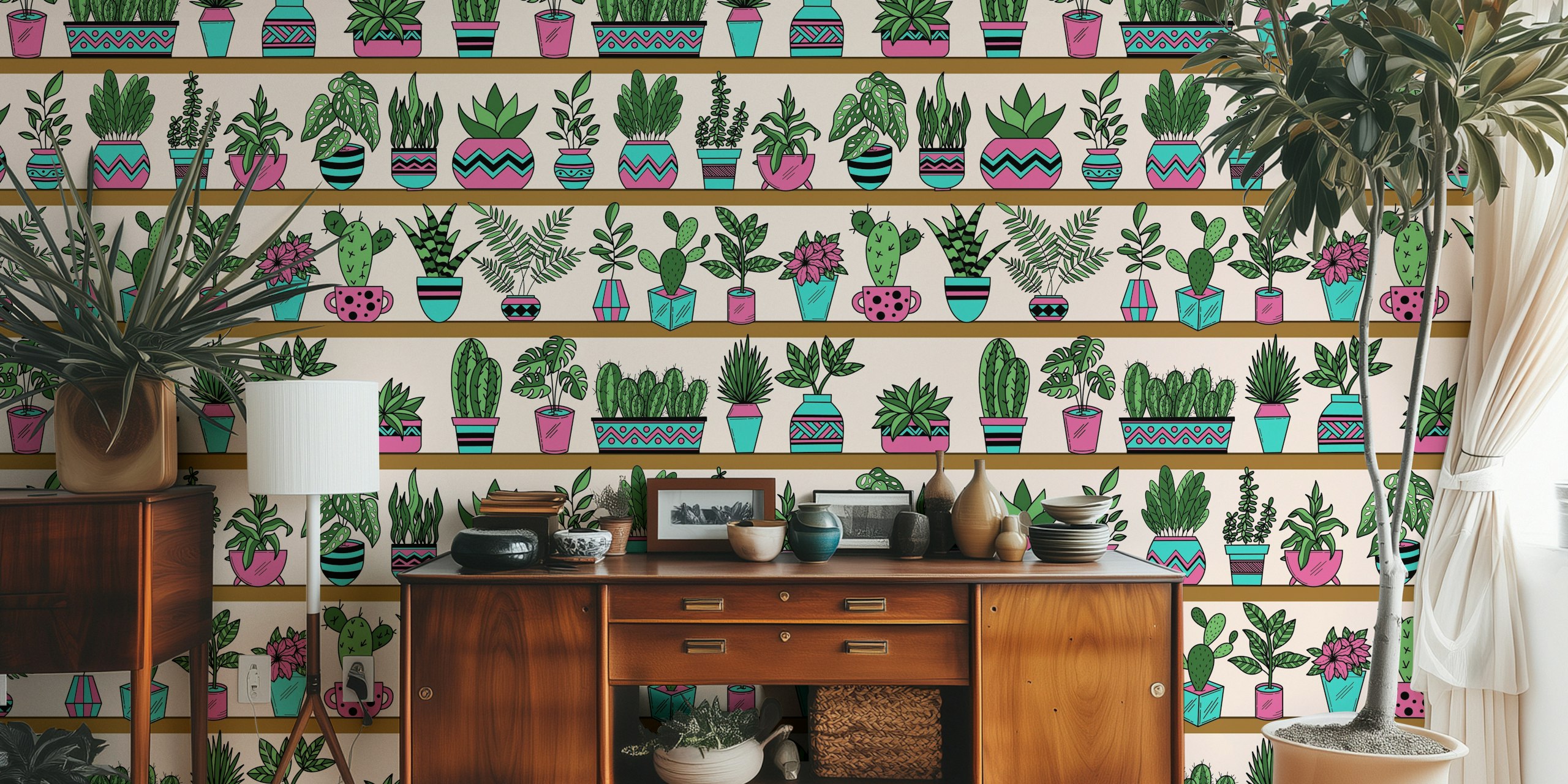 Colorful vase plants wallpaper in a room
