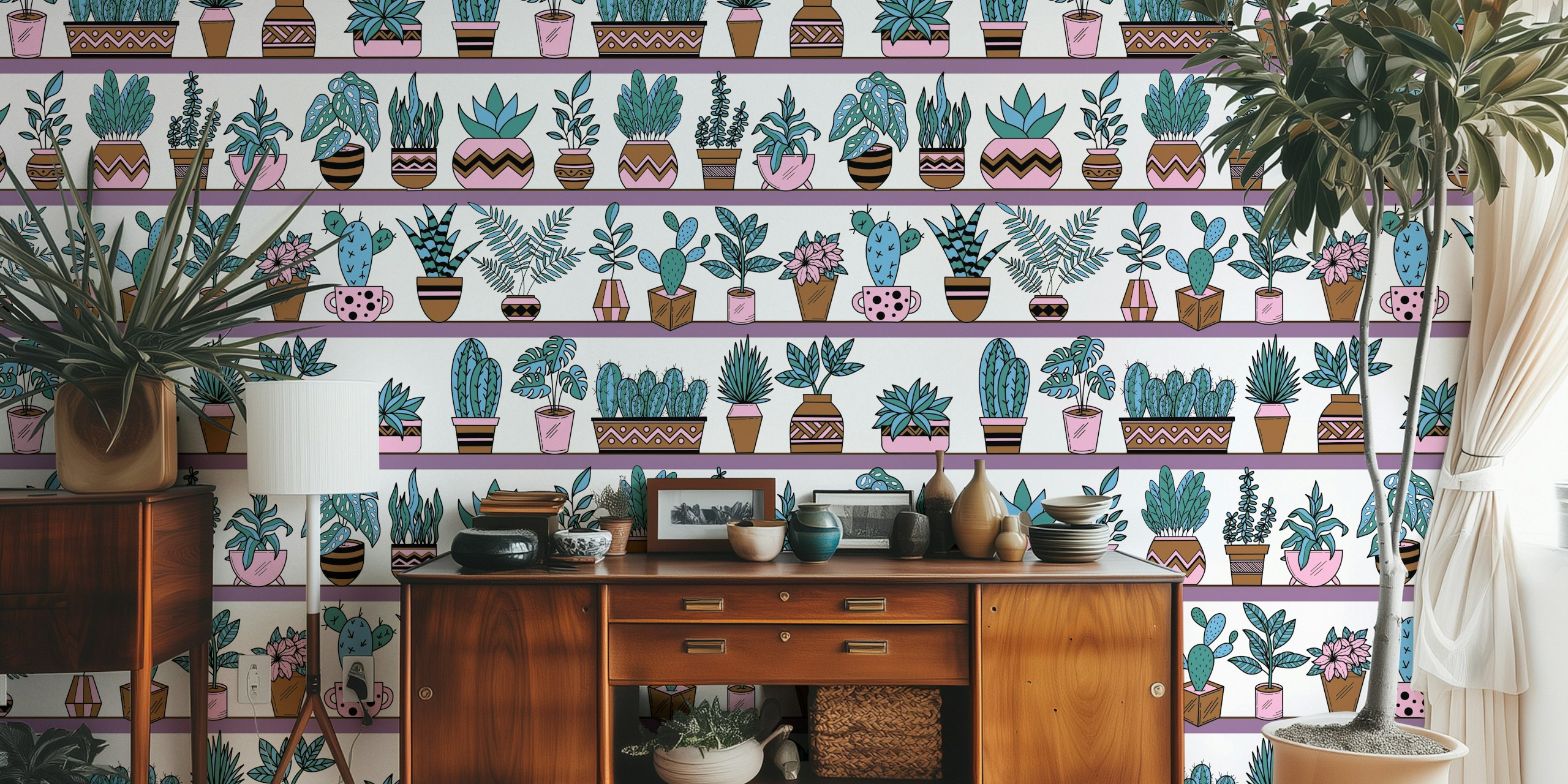 Colorful shelves filled with various potted plants wallpaper