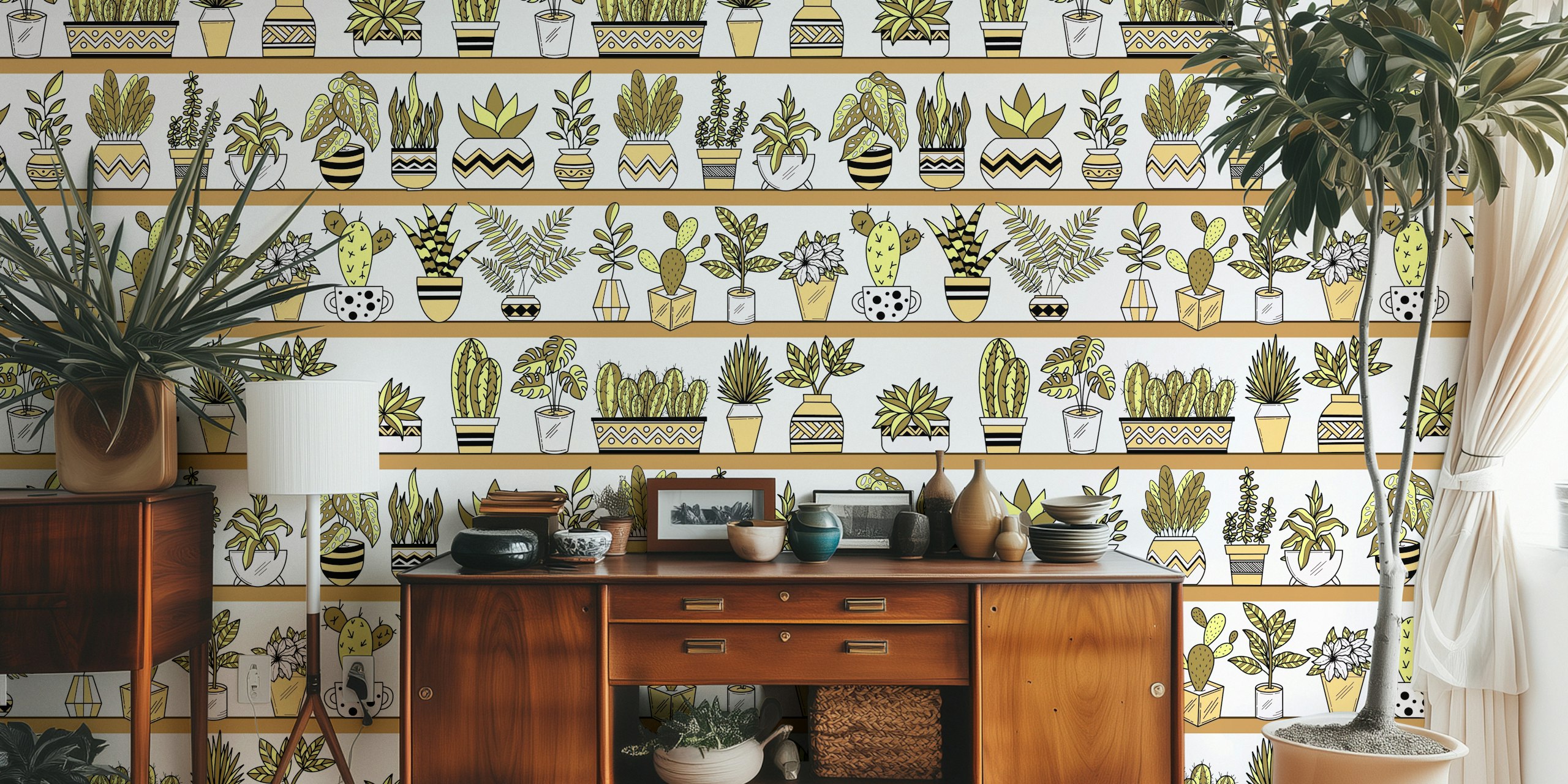 Wallpaper design with shelves and potted plants