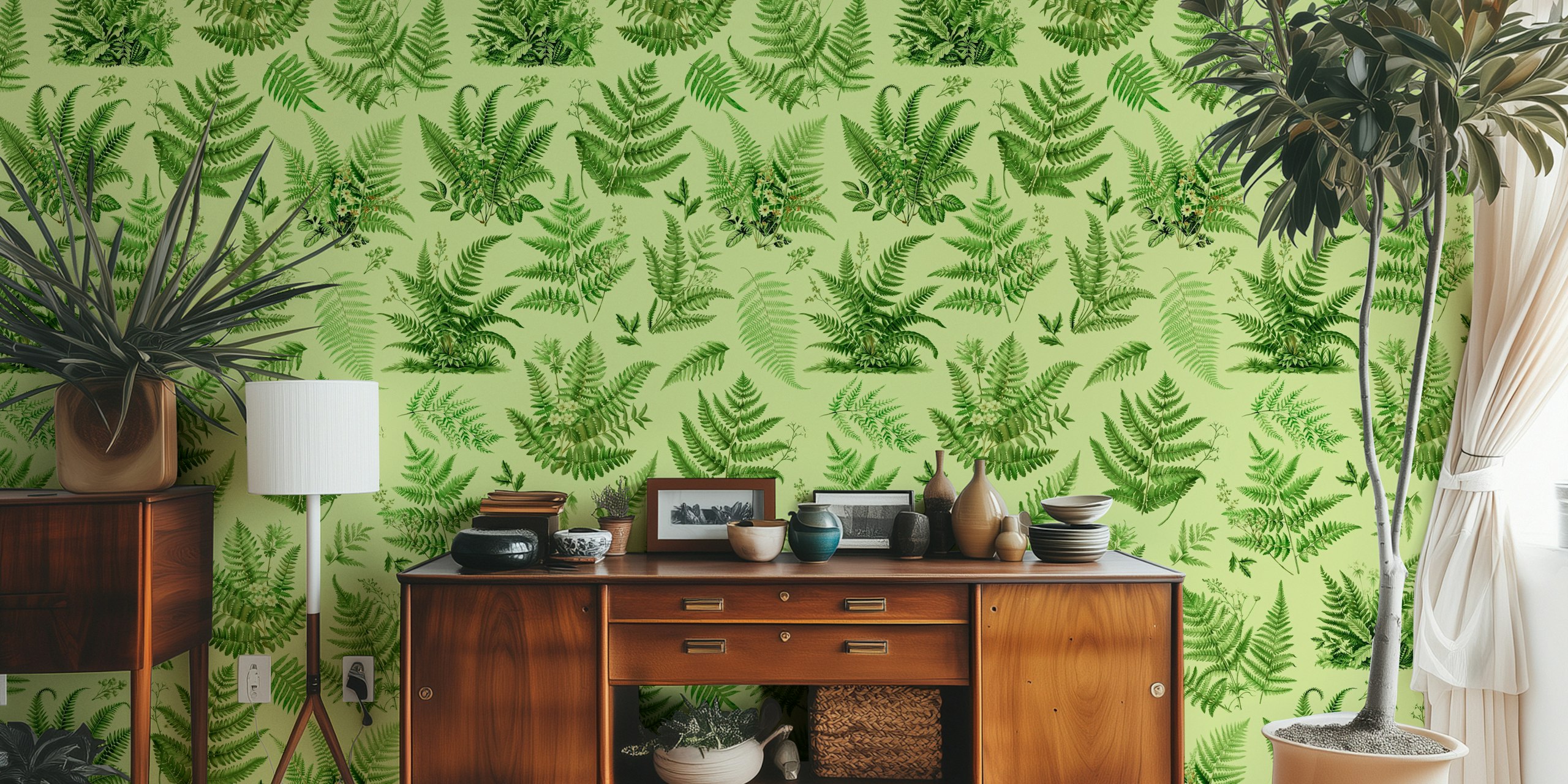 Lush Green Woodland Ferns papel tapiz en una habitación