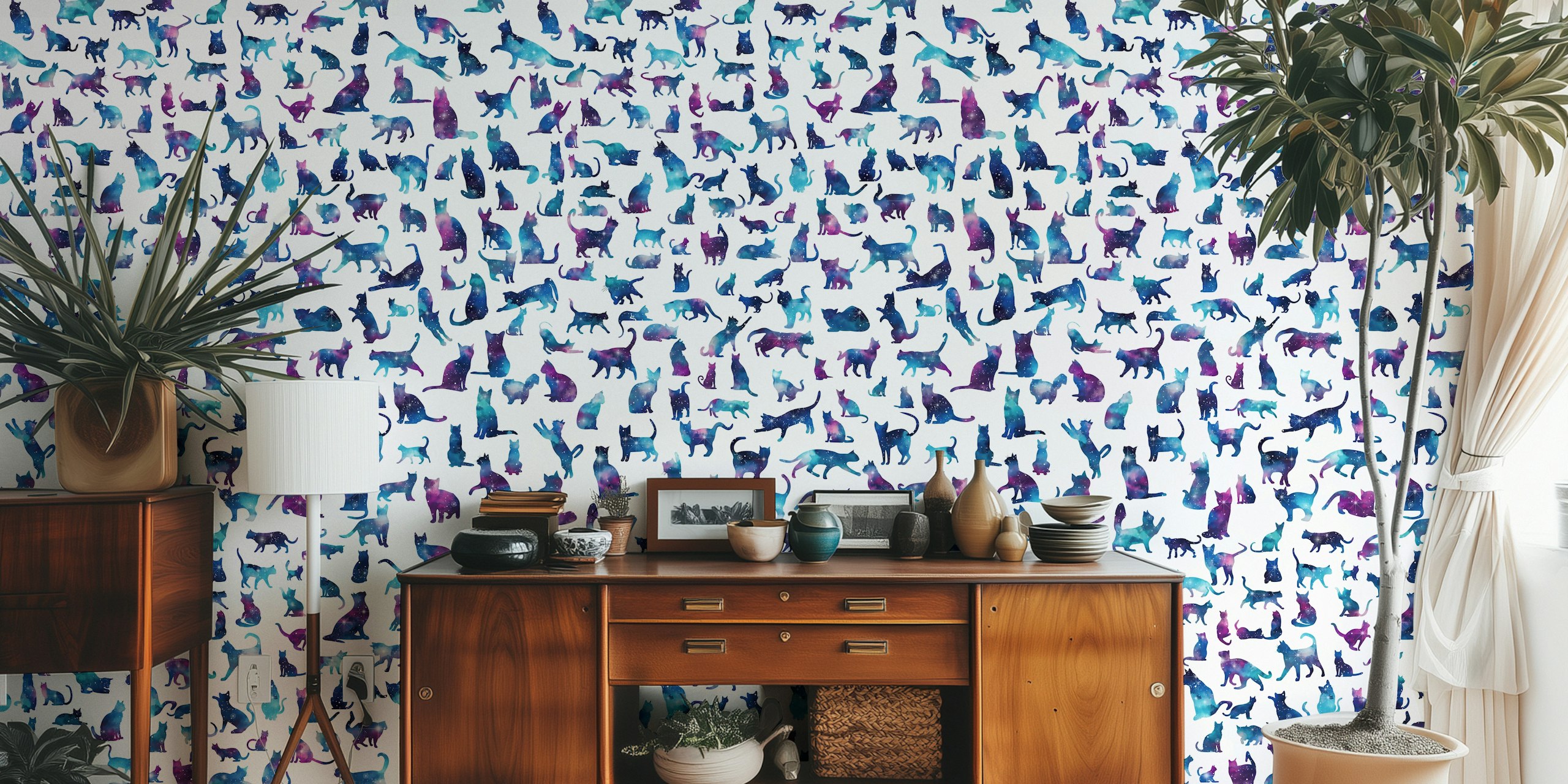 Colorful cat silhouettes in purple and blue galaxy wallpaper