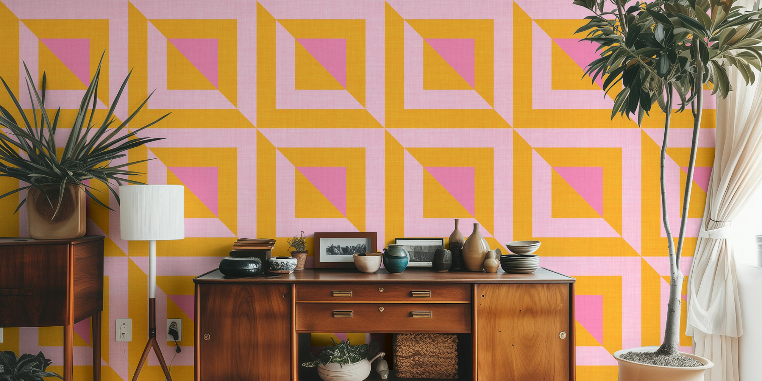 Papel tapiz Mid Century Geometric Square Pink and Orange en una habitación