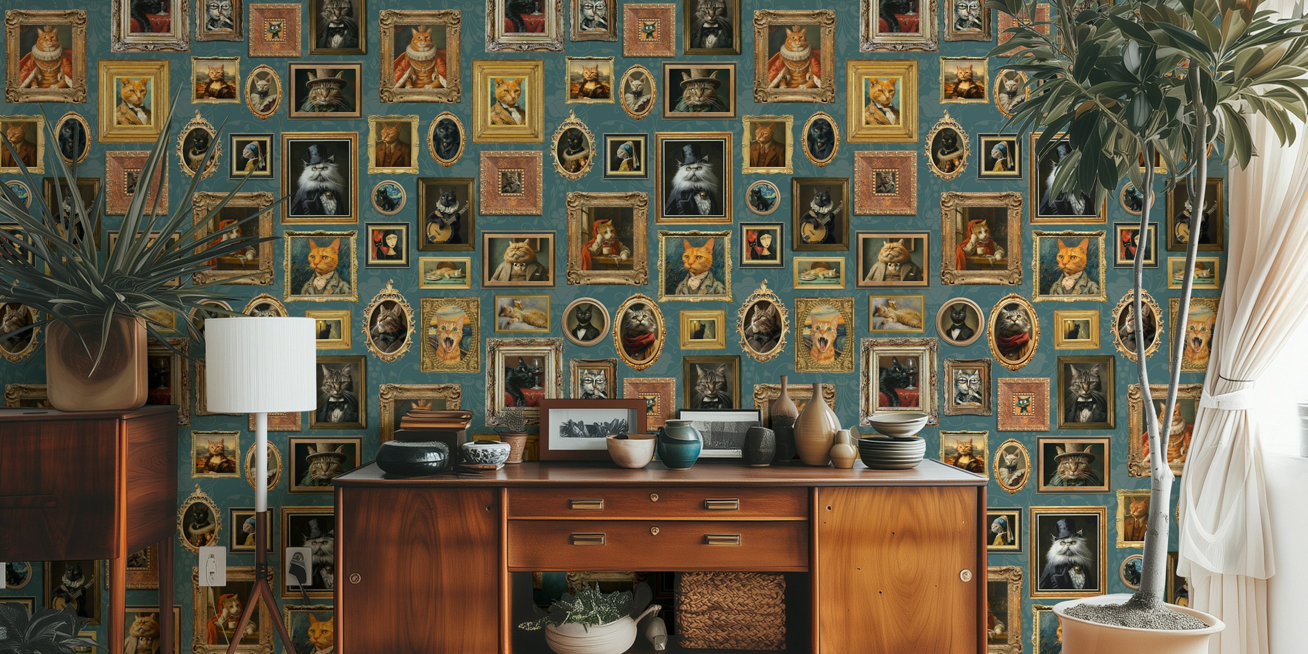 Ancient fluffy famous cats portraits carta da parati in una stanza