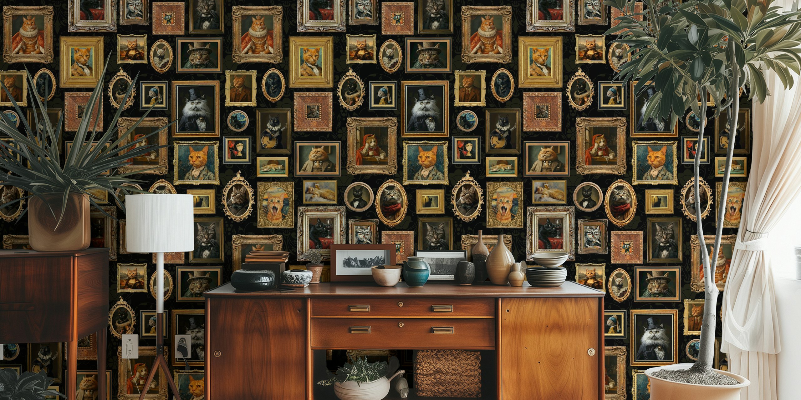 Various cat portraits in ornate frames on a black background wallpaper