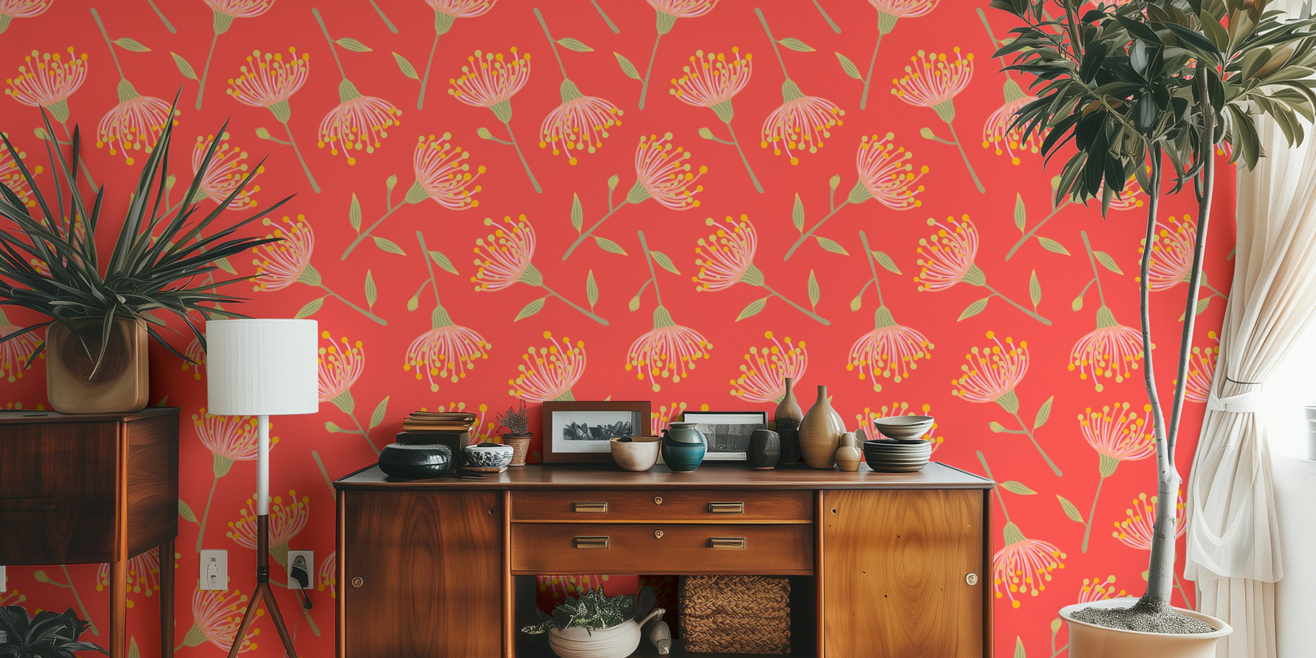 Eucalyptus tossed Floral behang in koraaloranje