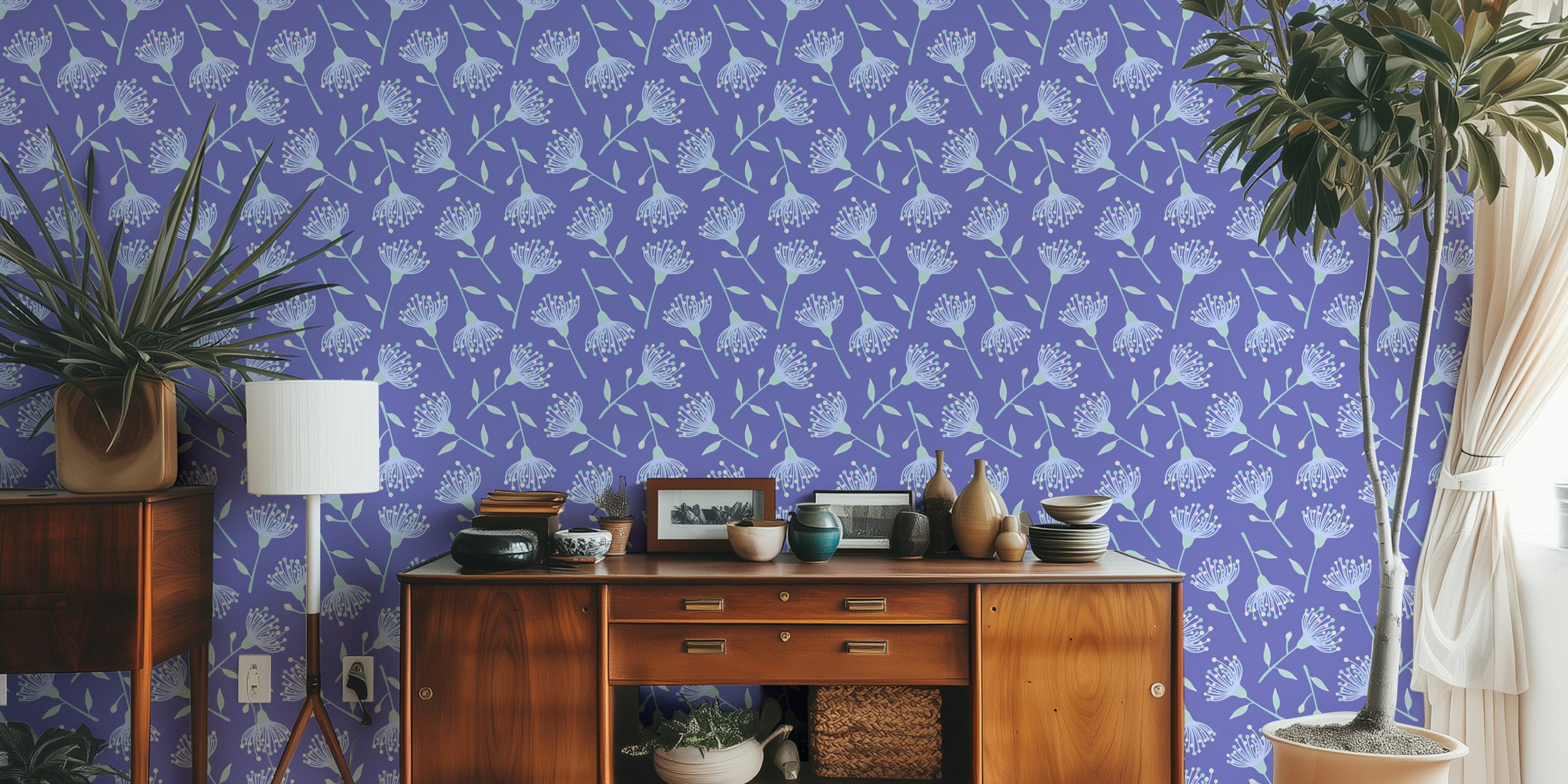 Lavender floral pattern wallpaper with eucalyptus leaves