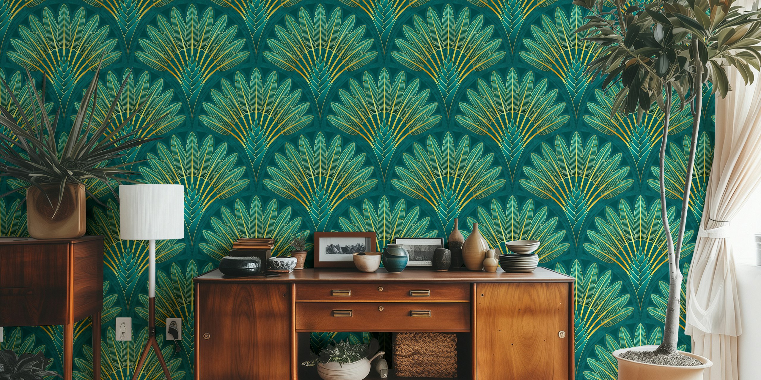Tropical palm leaves in gold on teal wallpaper, art deco style