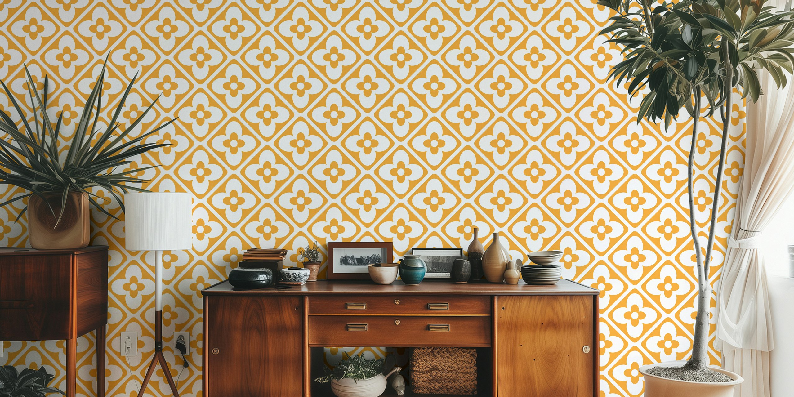 Golden floral geometric pattern wallpaper