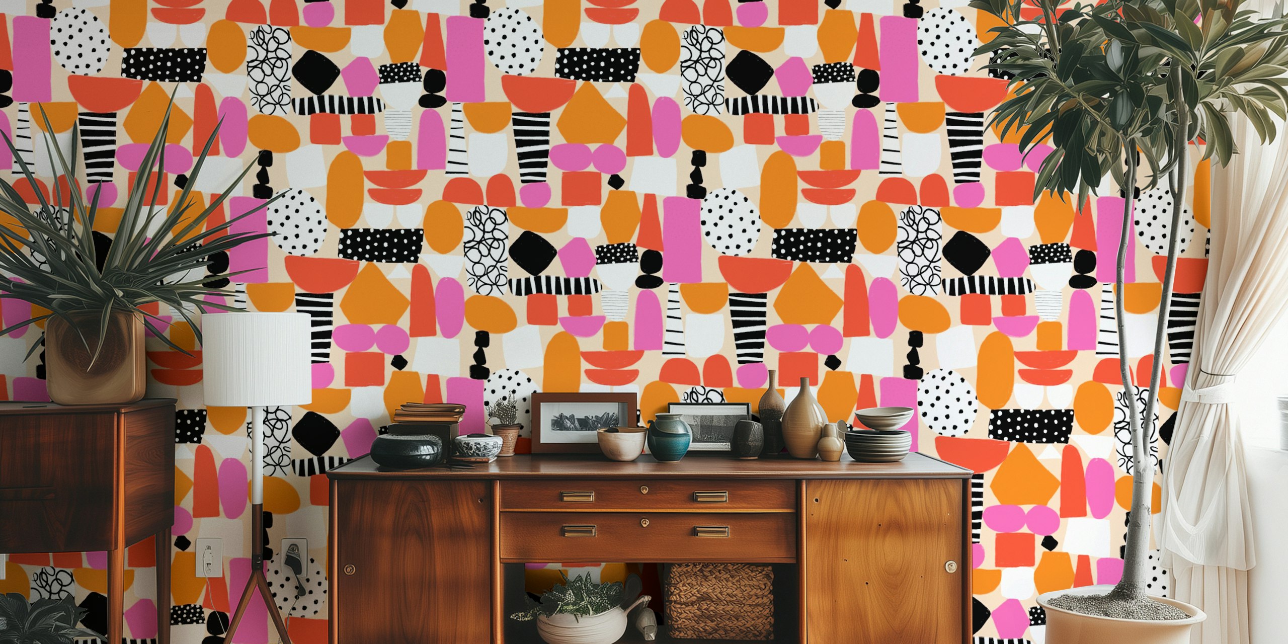 Colorful cut-out doodle pattern in pink, orange, and black wallpaper