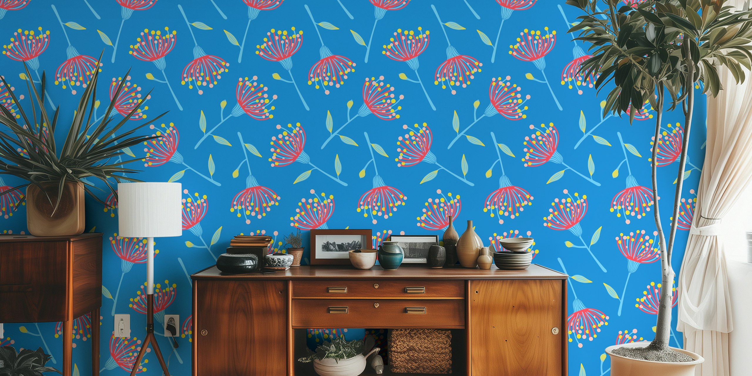 Eucalyptus tossed floral wallpaper in a room
