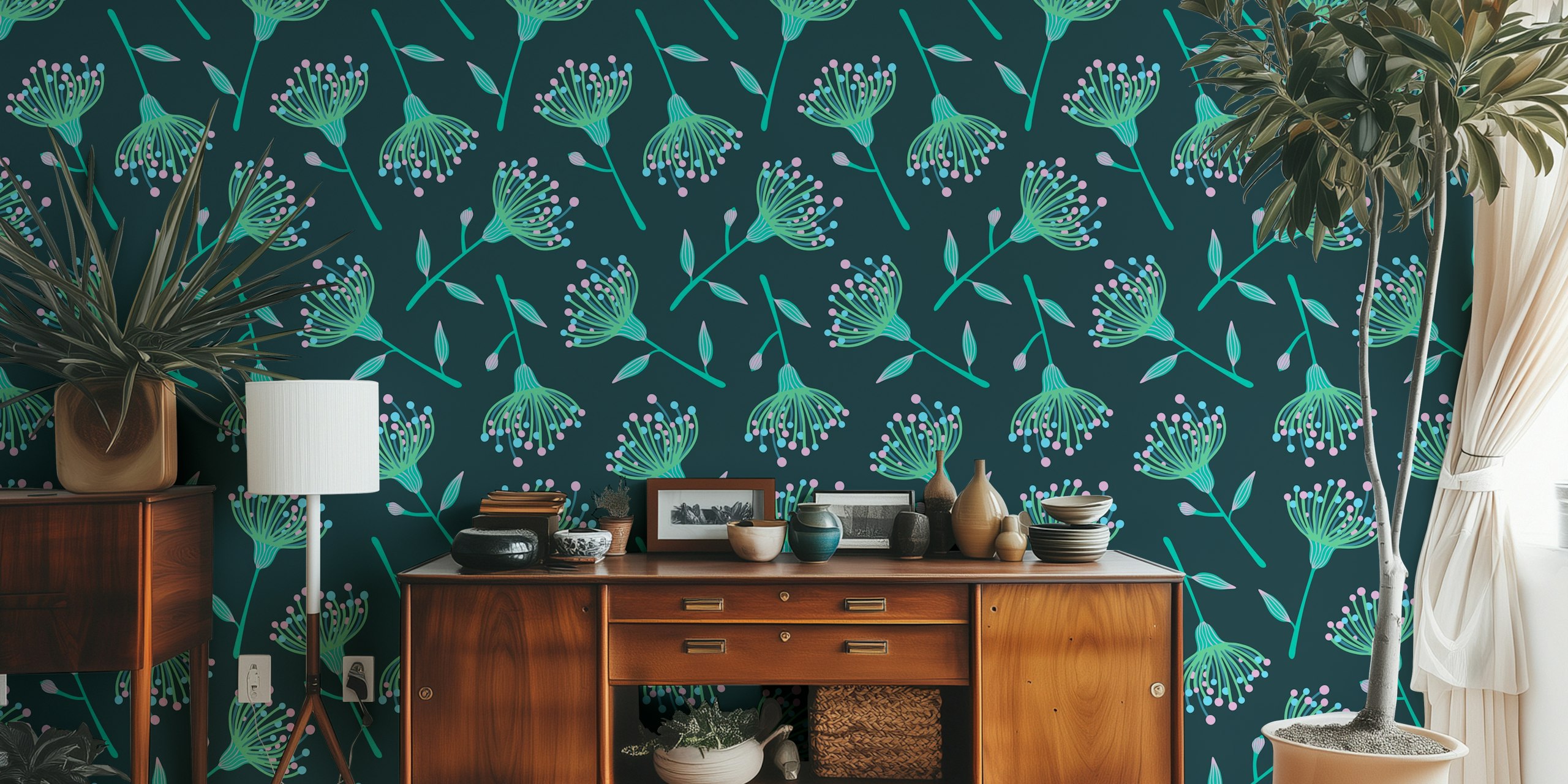 Eucalyptus tossed floral wallpapers u akvamarin i tirkiz